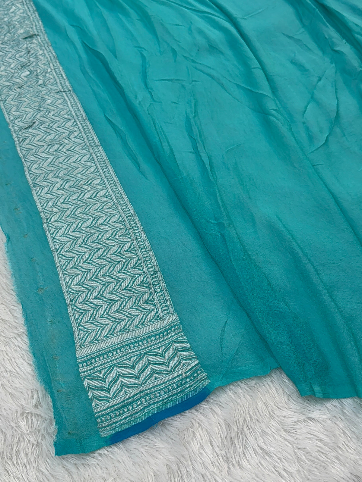 Banarasi Pure Khaddi Chiffon Saree  with Silver Zari Work In Floral Jaal Design with Meenakari by handbrush in Sea Green Colour