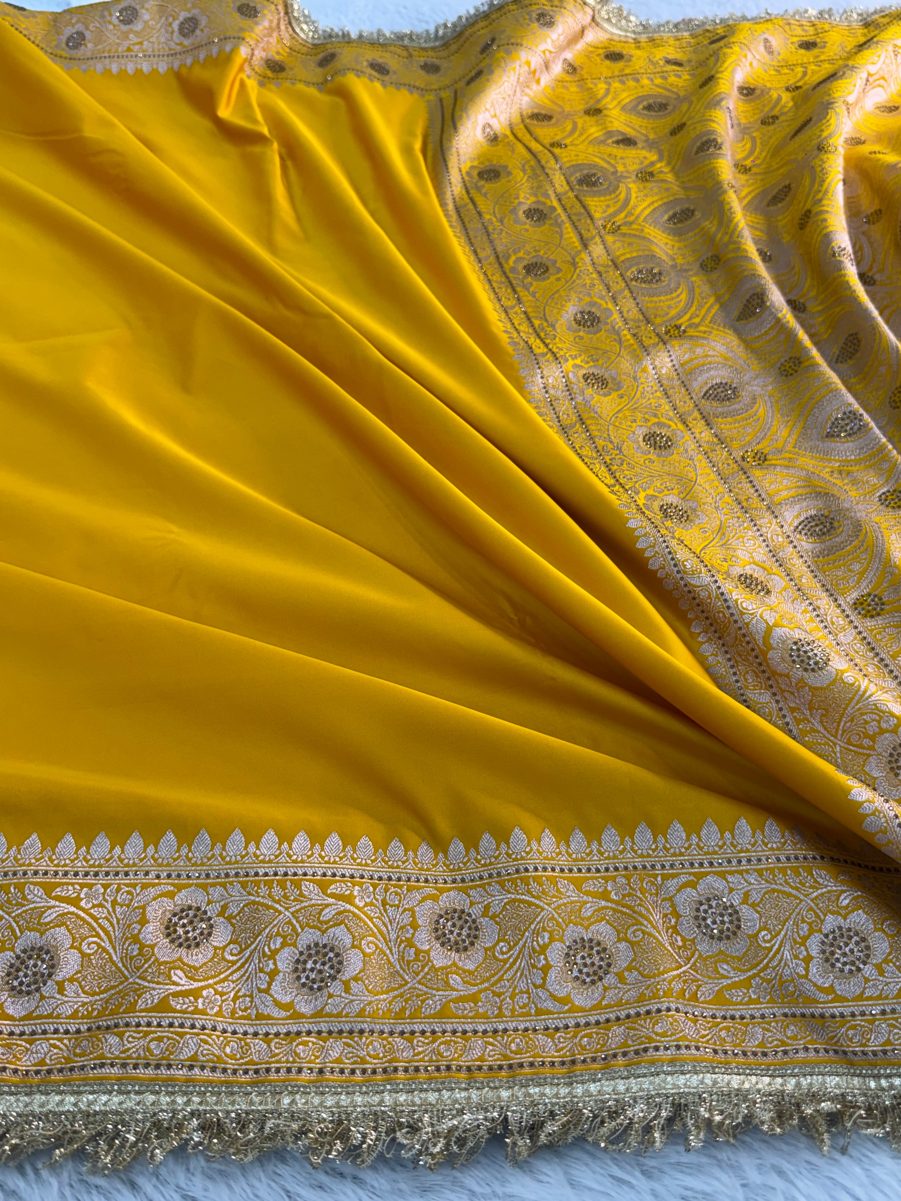 Bridal Banarasi Mashru Silk Saree with Stone Work In Border And Pallu, In Yellow Color