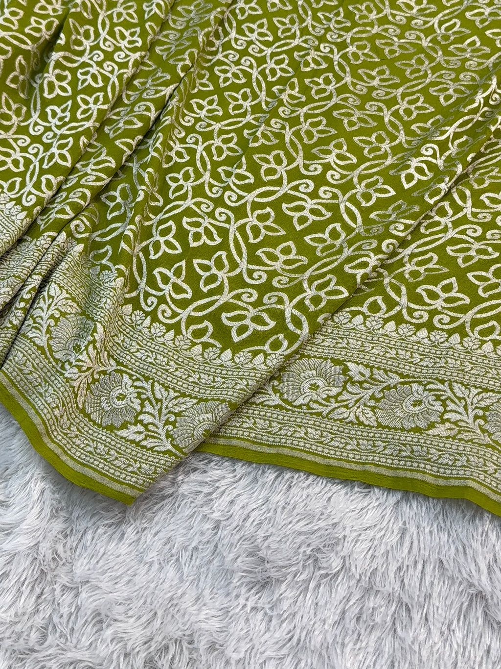 Banarasi Pure Khaddi Chiffon Saree in Zari Jaal  Design in Rusty Green Colour