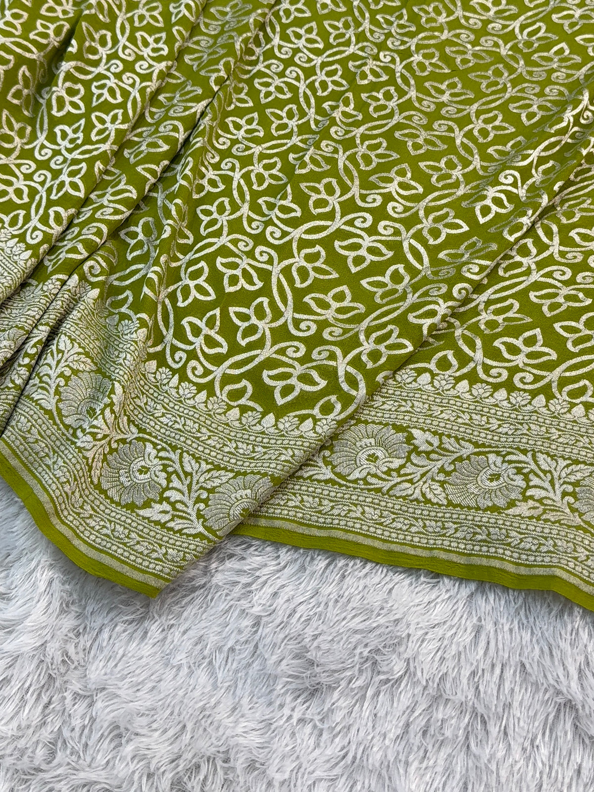 Banarasi Pure Khaddi Chiffon Saree in Zari Jaal  Design in Rusty Green Colour
