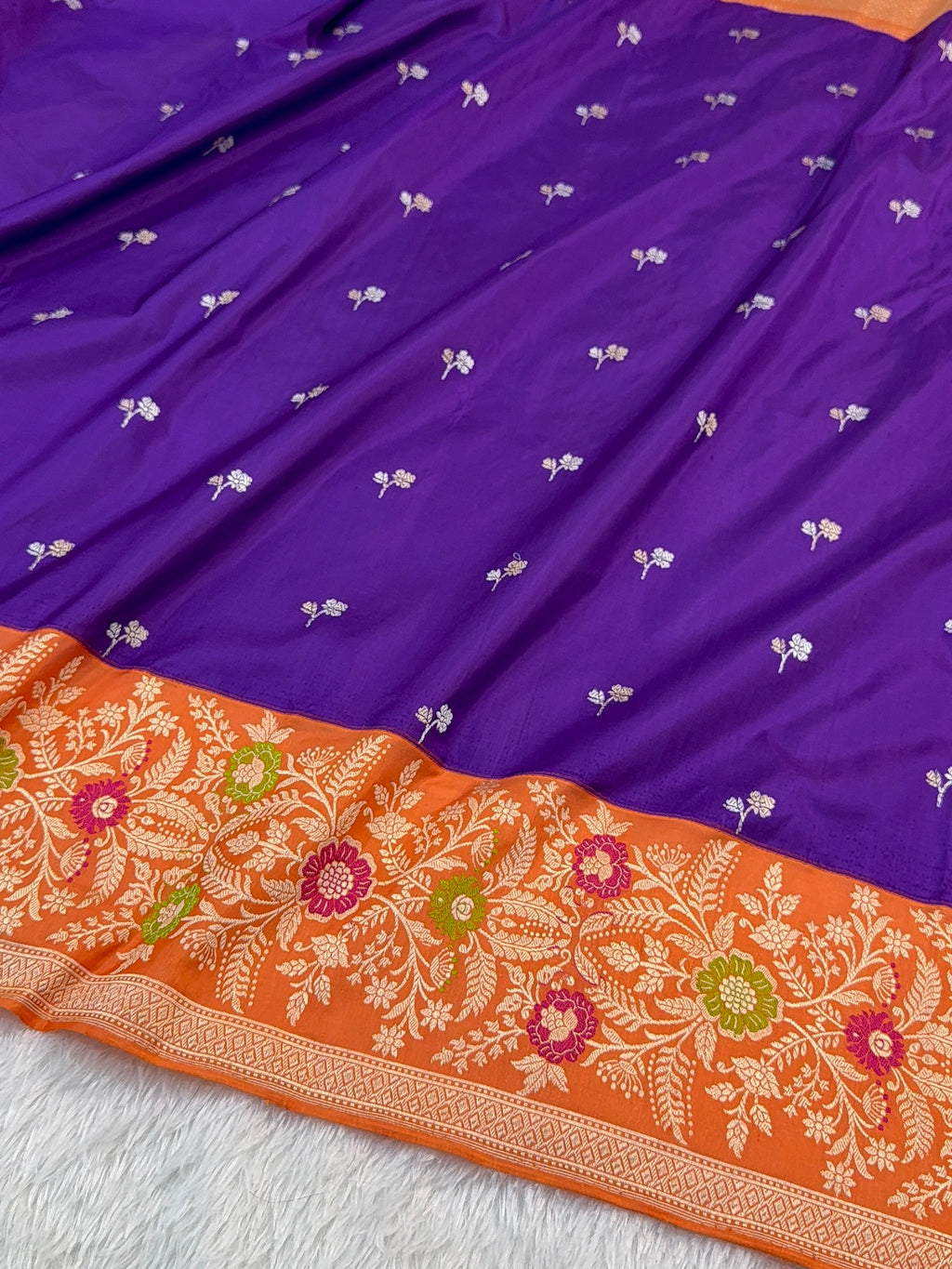 Handwoven pure Katan Silk Saree in Purple Colour in Motifs design With Saperatively Woven Contrast Border with Meenakari Jaal Design in Orange Colour