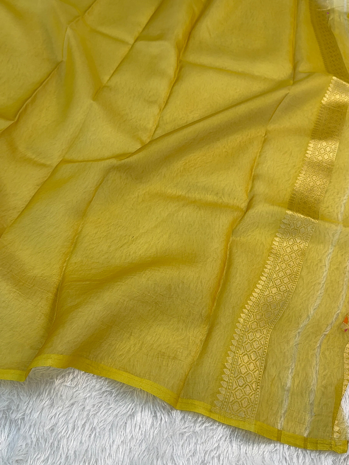Pure Kora Silk Saree with Gold Zari and Meenakari Floral Motif Design in Yellow Colour