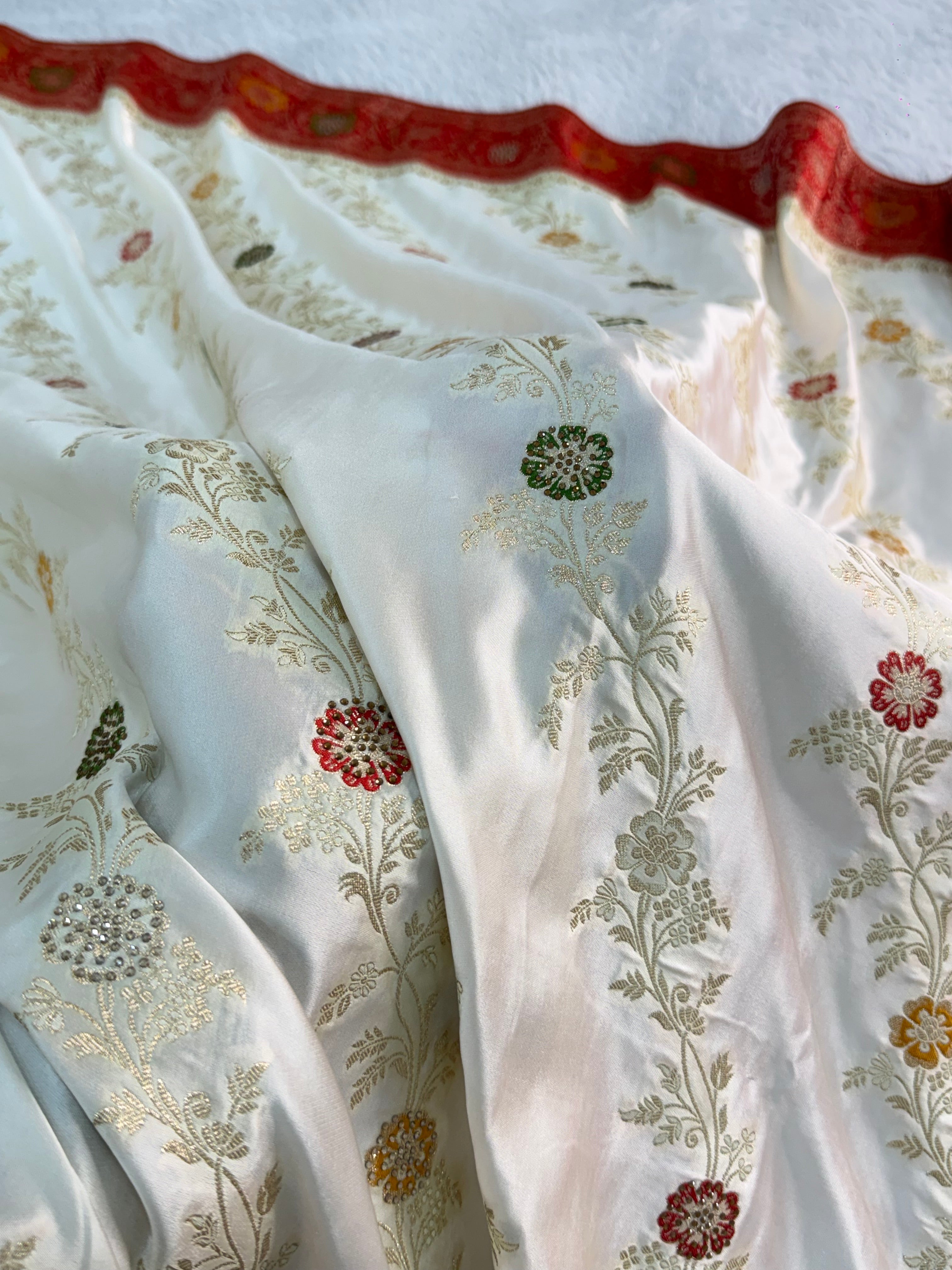 Bridal Mashru Silk Saree With Jaal Design In off white and red Colour