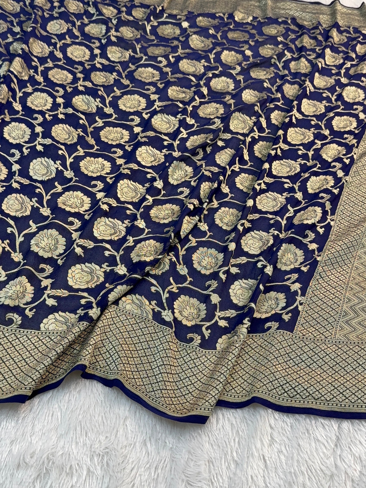 Banarasi Pure Khaddi Chiffon Saree with Light Gold Zari Work with Floral Jaal Design In Navy Blue Colour