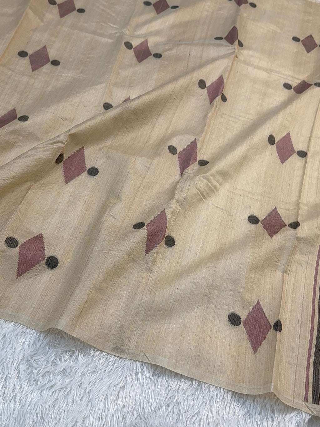 Pure Desi Tussar Silk Saree with Reshmi Motifs Design in Beige Color