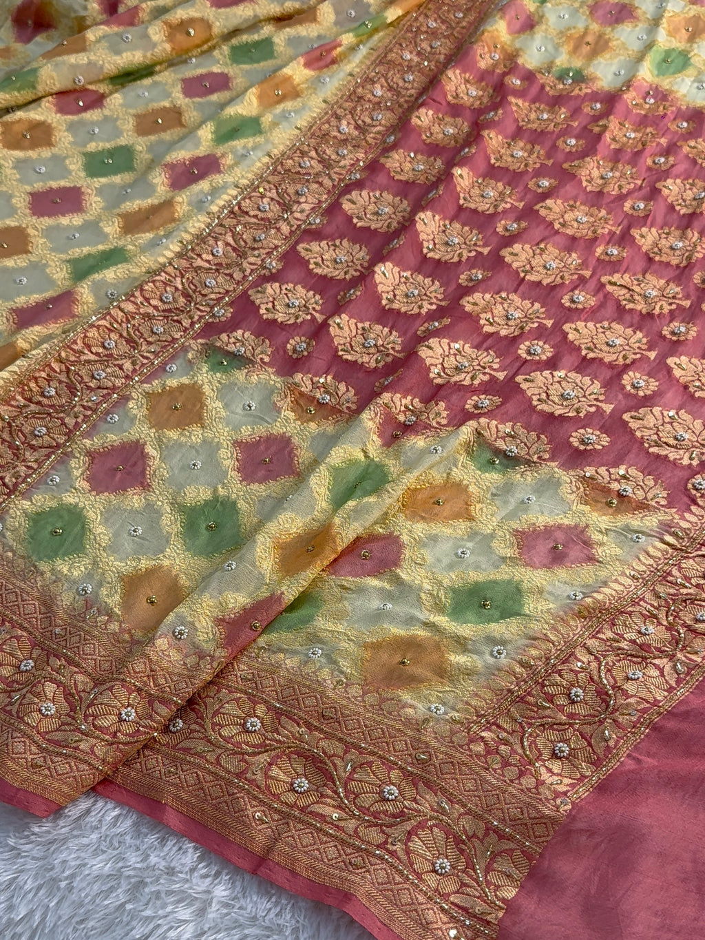 Banarasi Pure Khaddi Shiffon Rangkat Saree with Zardozi Handwork all over in Lavender Colour