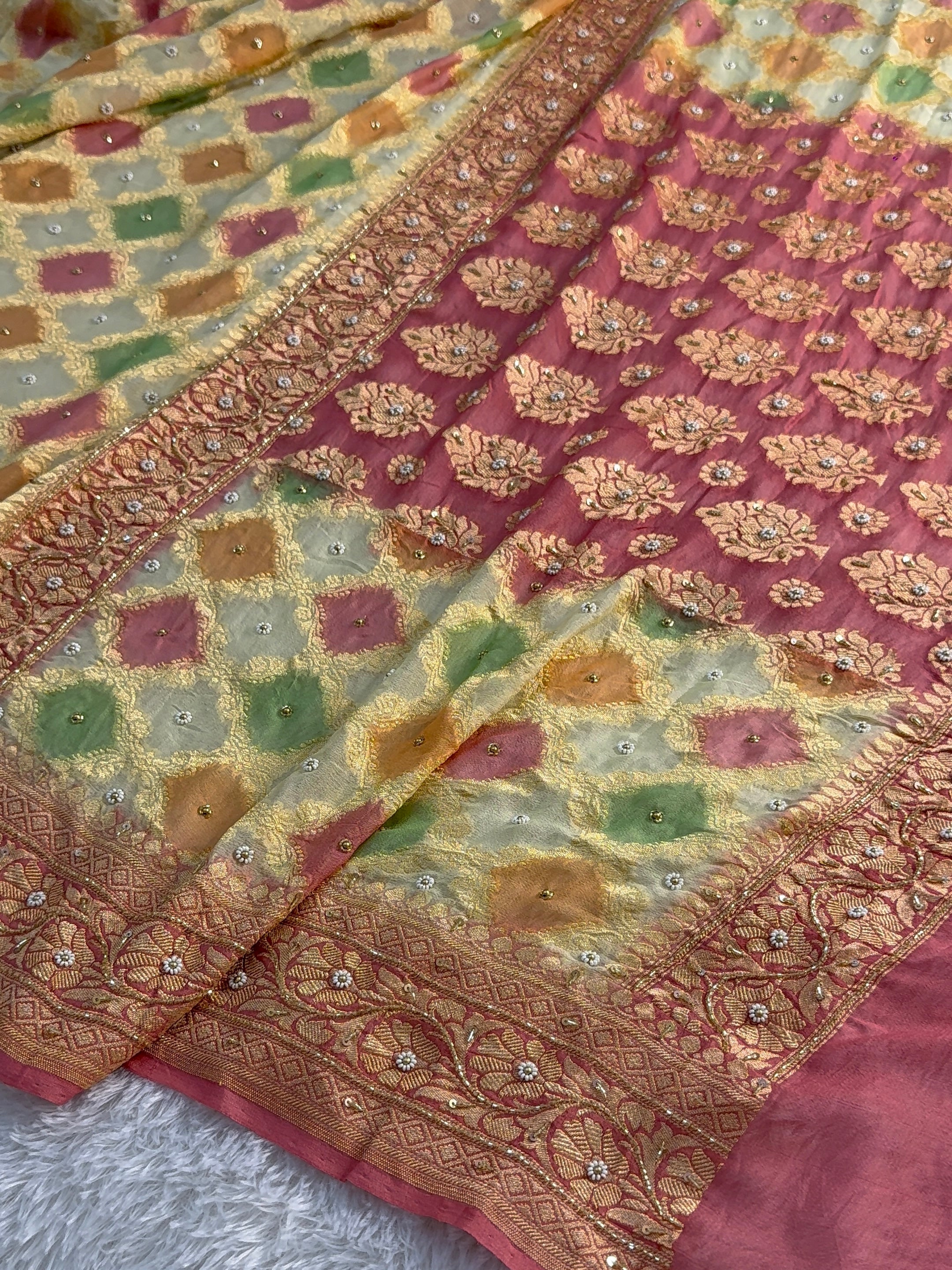 Banarasi Pure Khaddi Shiffon Rangkat Saree with Zardozi Handwork all over in Lavender Colour