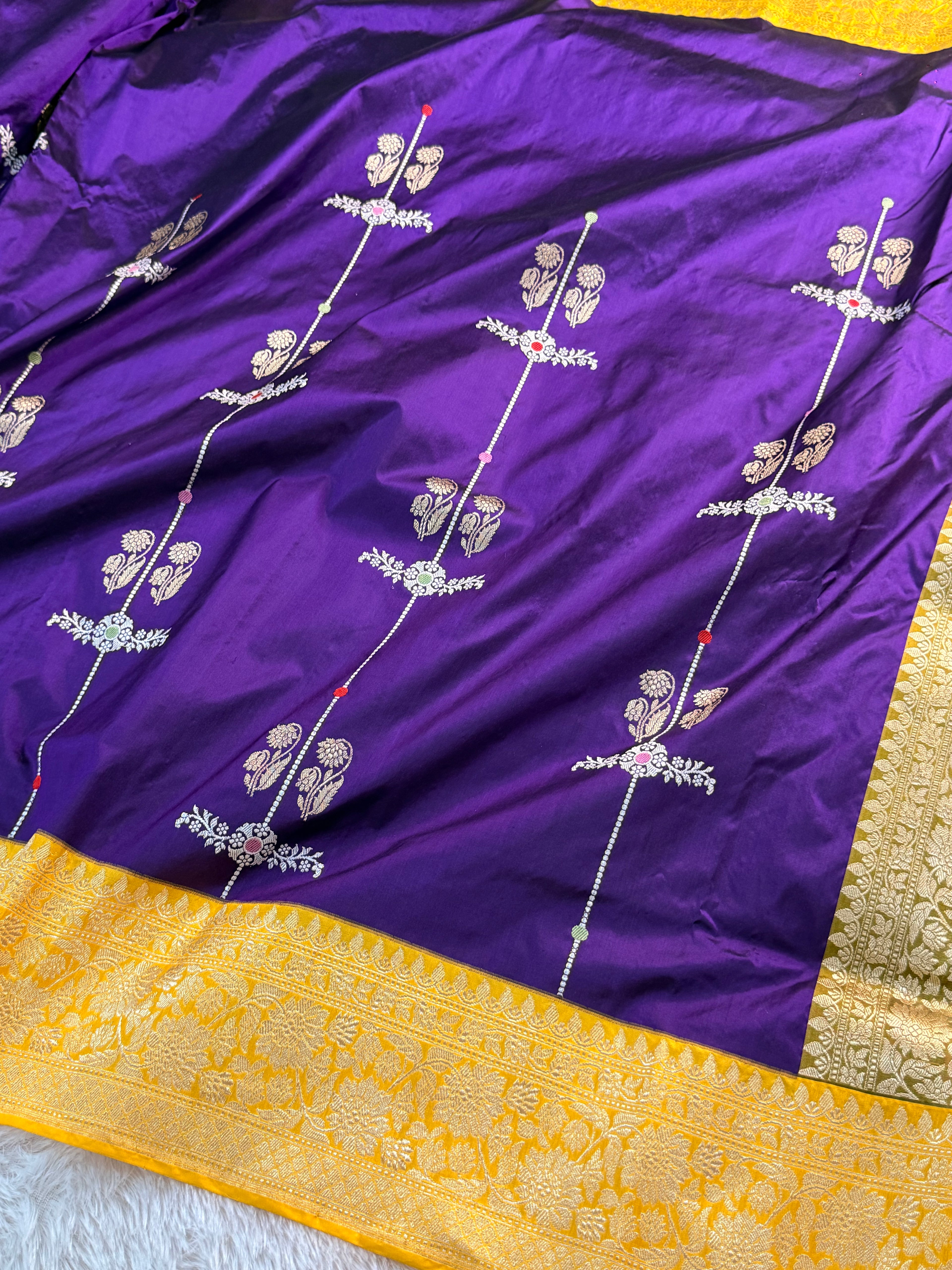 Banarasi pure katan silk saree in Magenta color with Yellow border in vertical Buta stripes, Light gold Zari coated with pure silver
