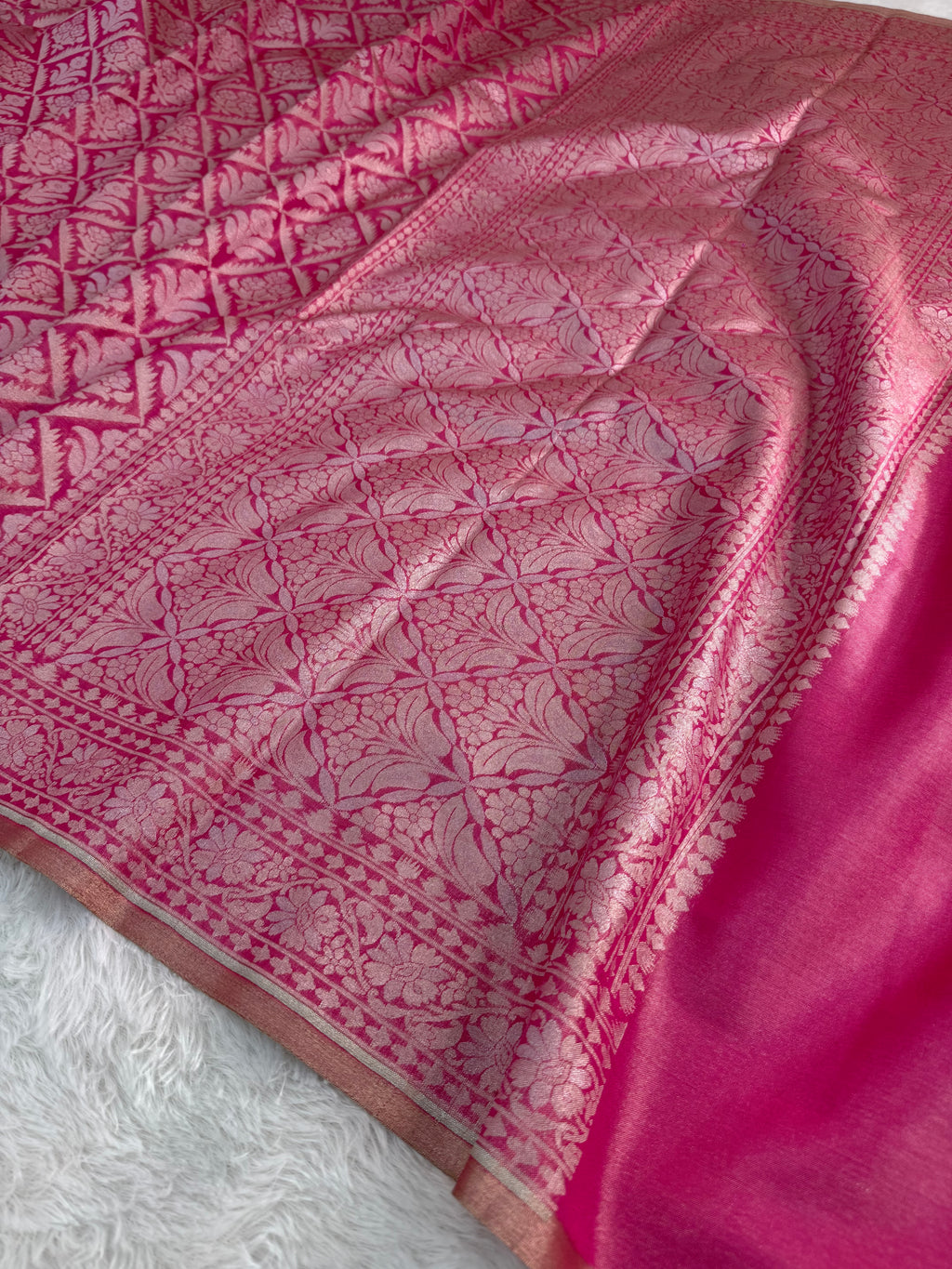Banarasi tissue silk saree in Rani color