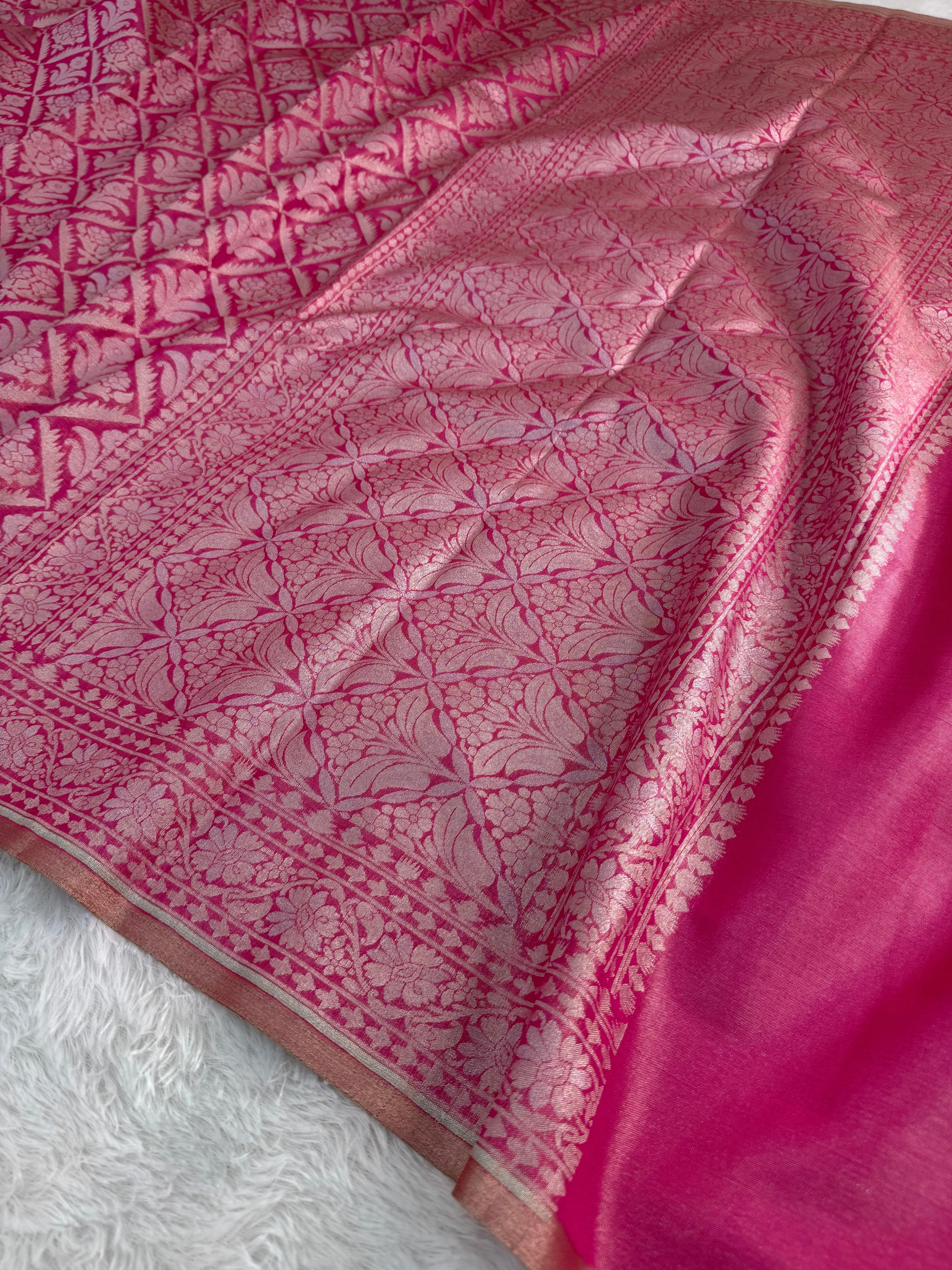 Banarasi tissue silk saree in Rani color