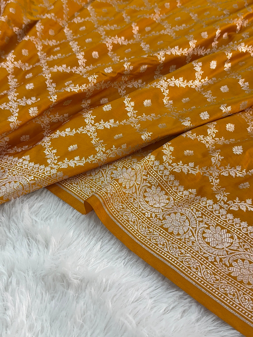 Banarasi mashru silk saree in chokdi jaal design in dark Yellow color