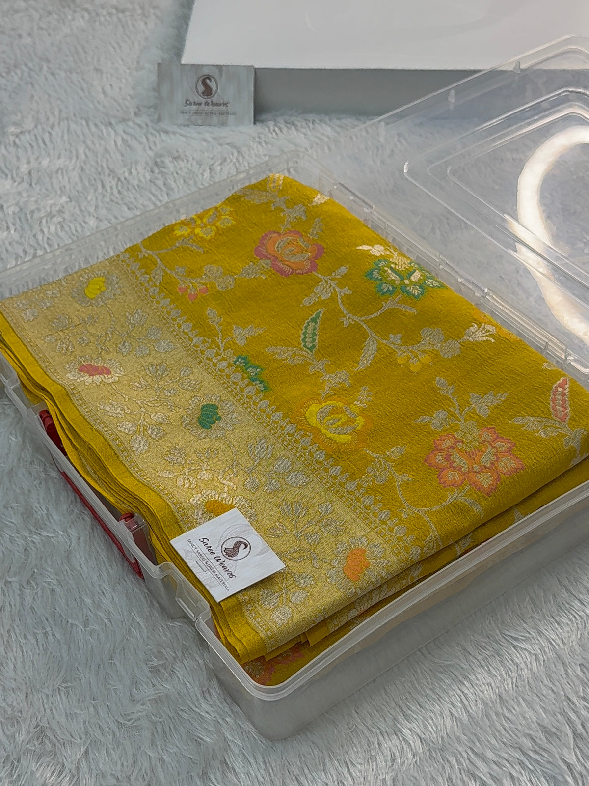 Pure Desi Tussar Silk Saree with Meenakari Floral Jaal Pattern in Yellow Color