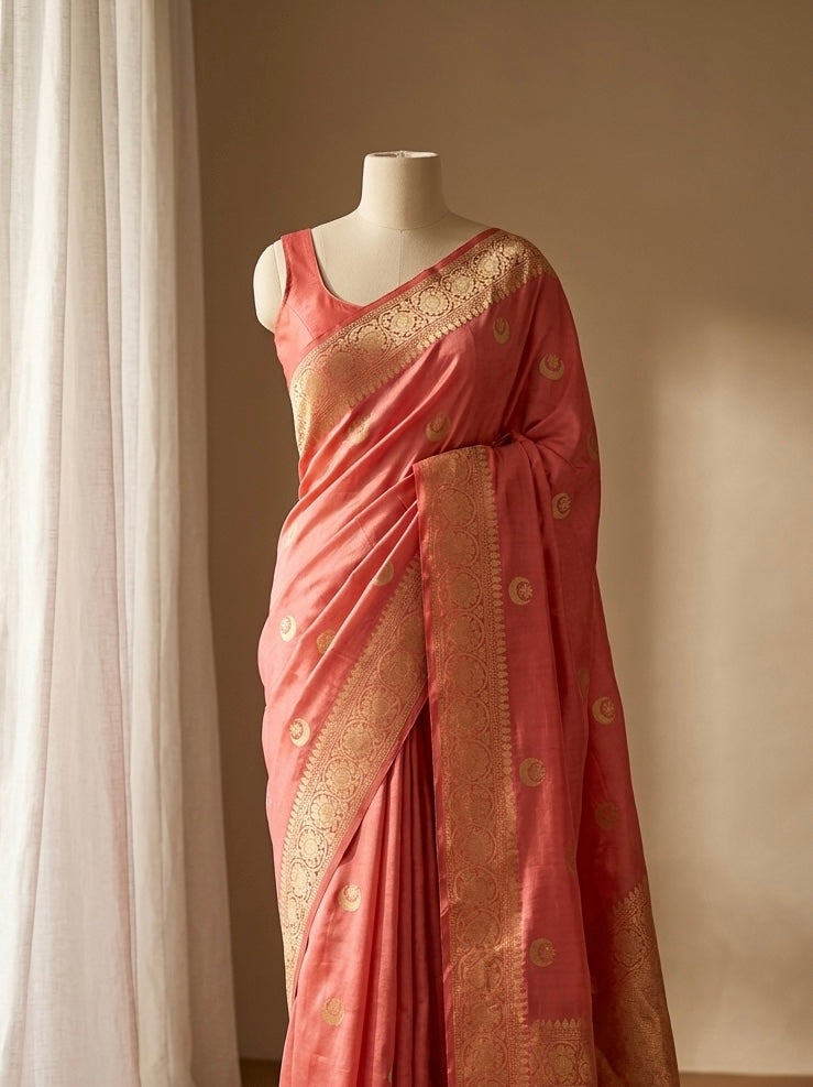 Banarasi Raw Mango Silk Saree in Chand Tara Design in Peach Color