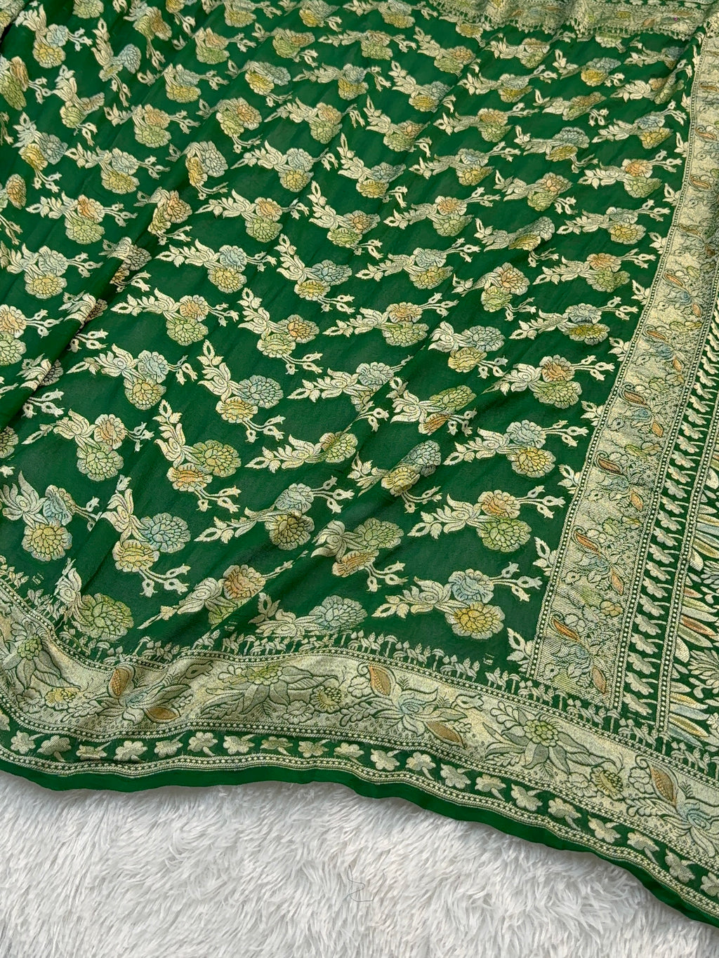 Banarasi Pure Khaddi Chiffon Saree  with Light Gold Zari Work In Floral Jaal Design with Meenakari by Handbrush in Dark Green Colour