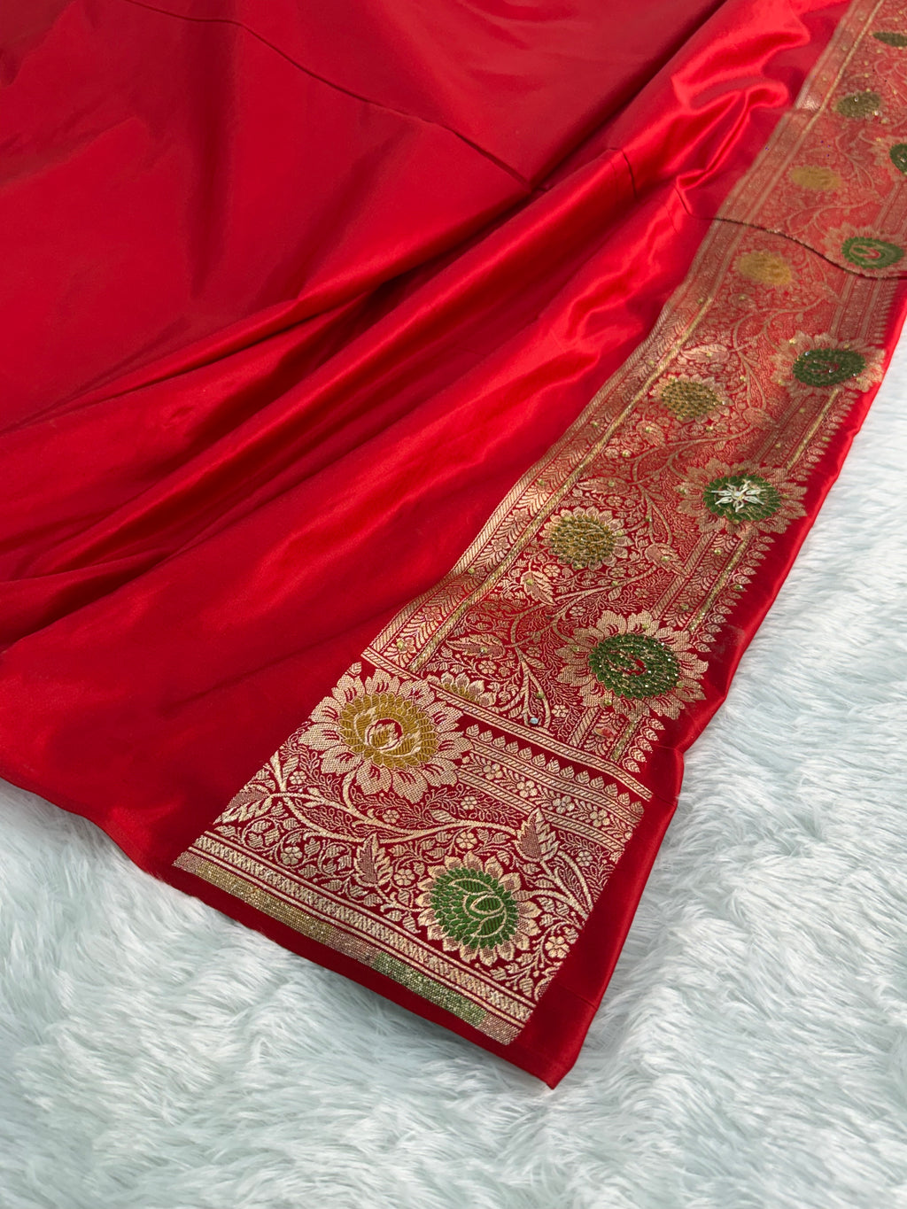Bridal Mashru Silk Saree in jaal design in Red Color Shade with Swaroskiwork