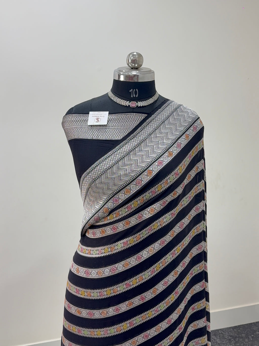 Banarasi Pure Khaddi Chiffon Saree  with Silver Zari Work In Horizontal stripes pattern Design with Meenakari by hand brush in Black Colour