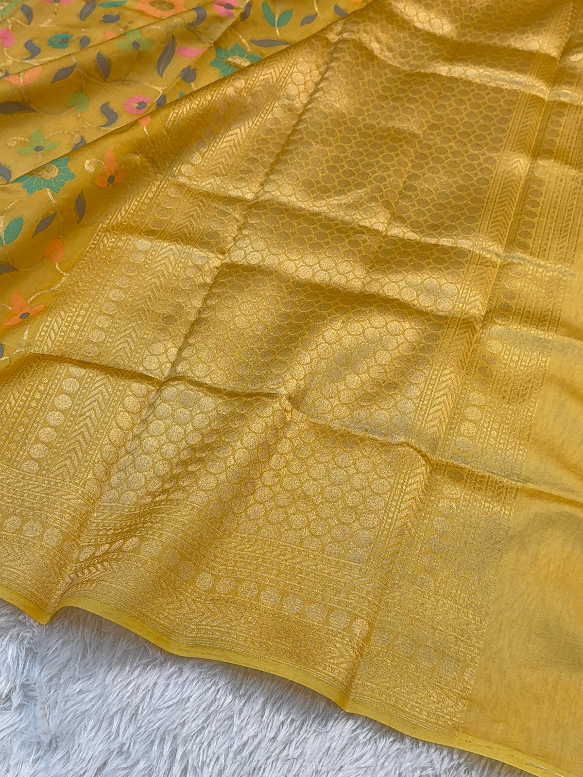 Pure Katan Silk Saree with Gold Zari And Meenakari Jaal Design in Yellow Colour