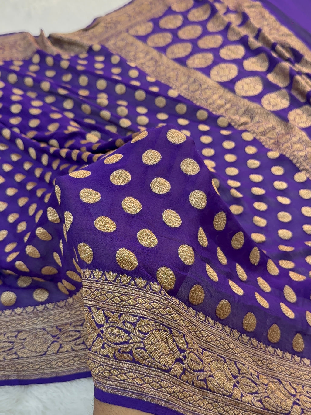 Banarasi Pure Khaddi Chiffon Saree  with Antique Zari Work In Small Circle Motifs Design in Deep Violet Colour
