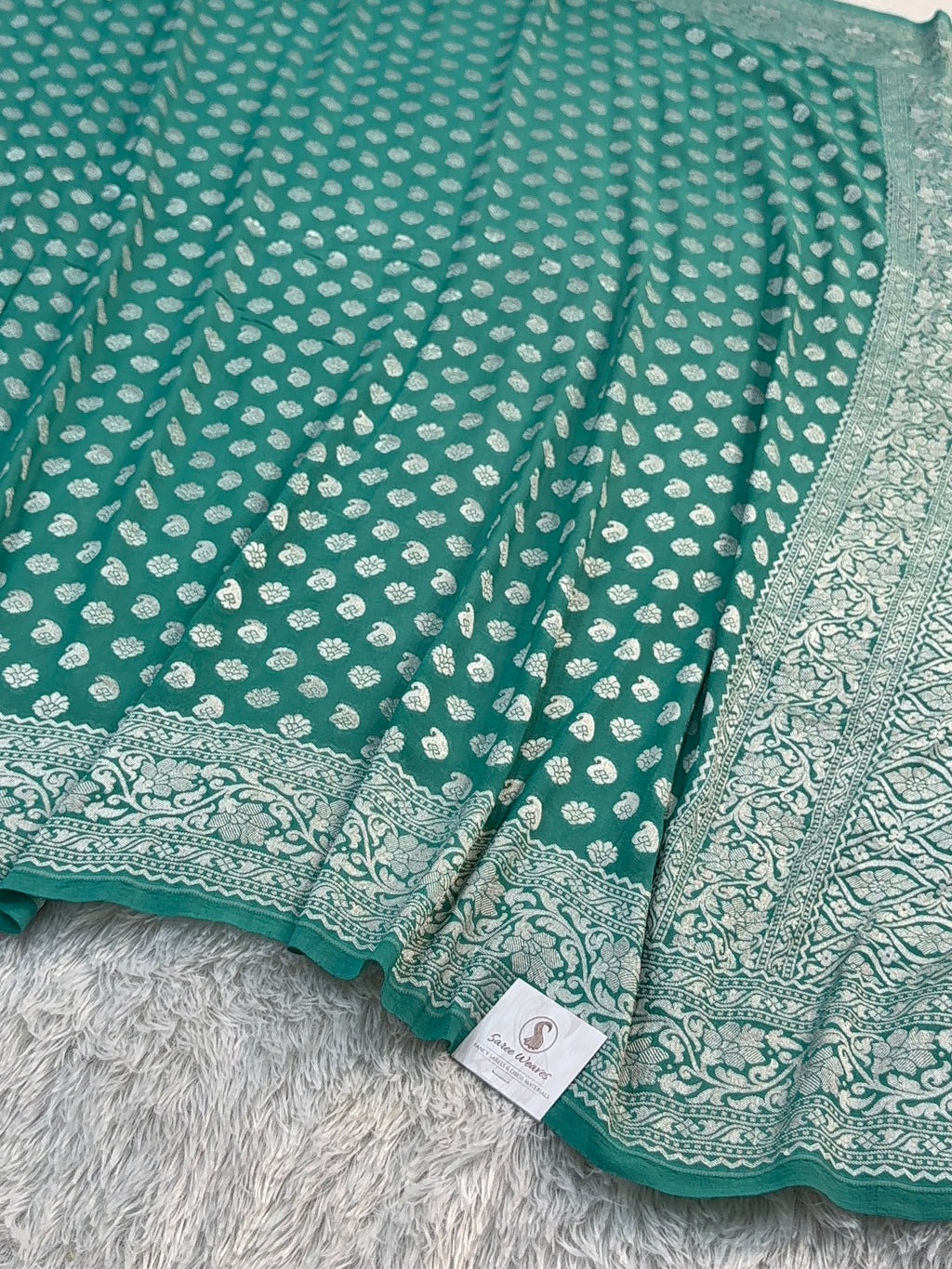 Banarasi Pure Khaddi Chiffon Saree in Border And Buti Design in Sea Green Colour