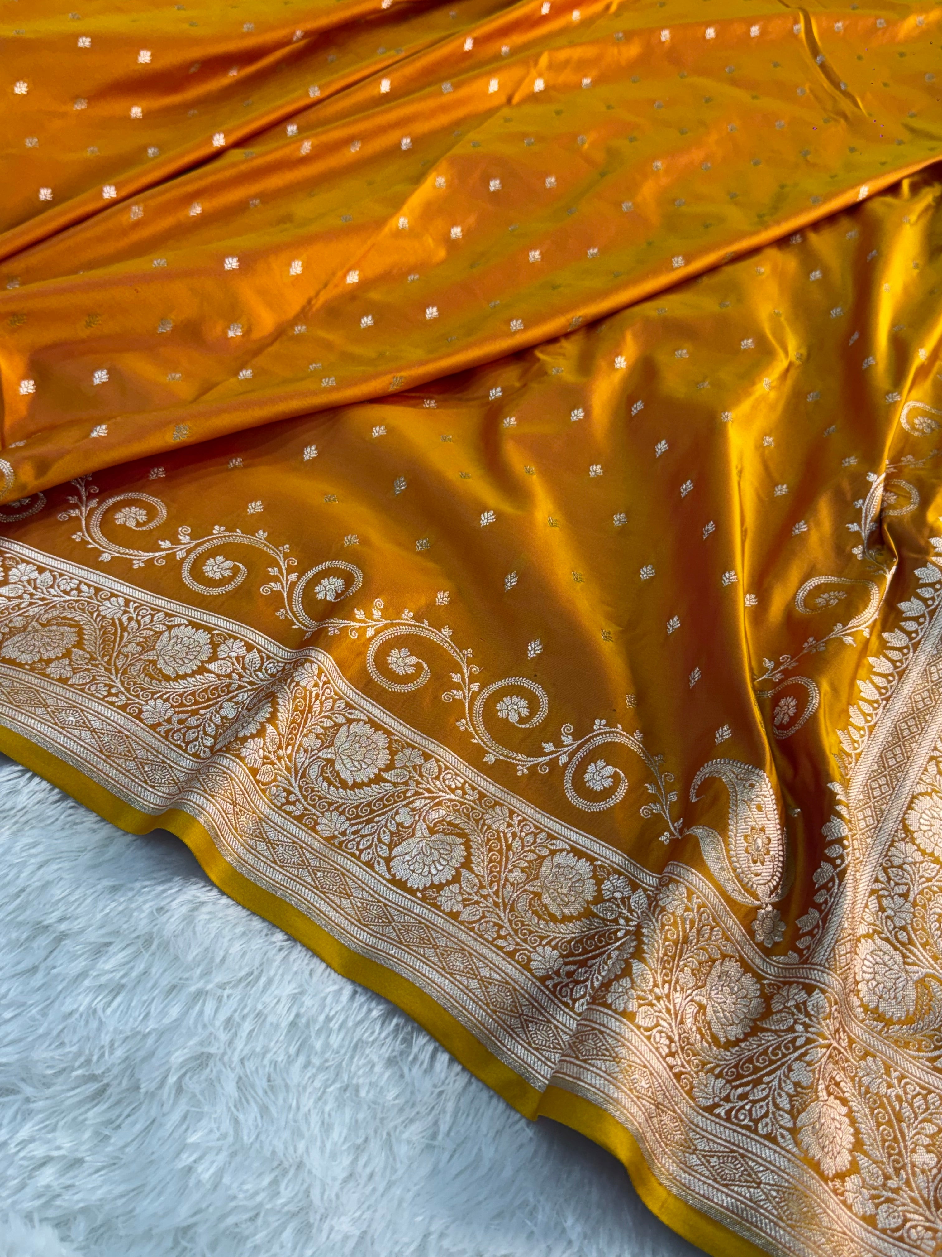 Banarasi Mashru Silk Saree Intricate Buti Design in Dual tone Mustard and Orange Colour