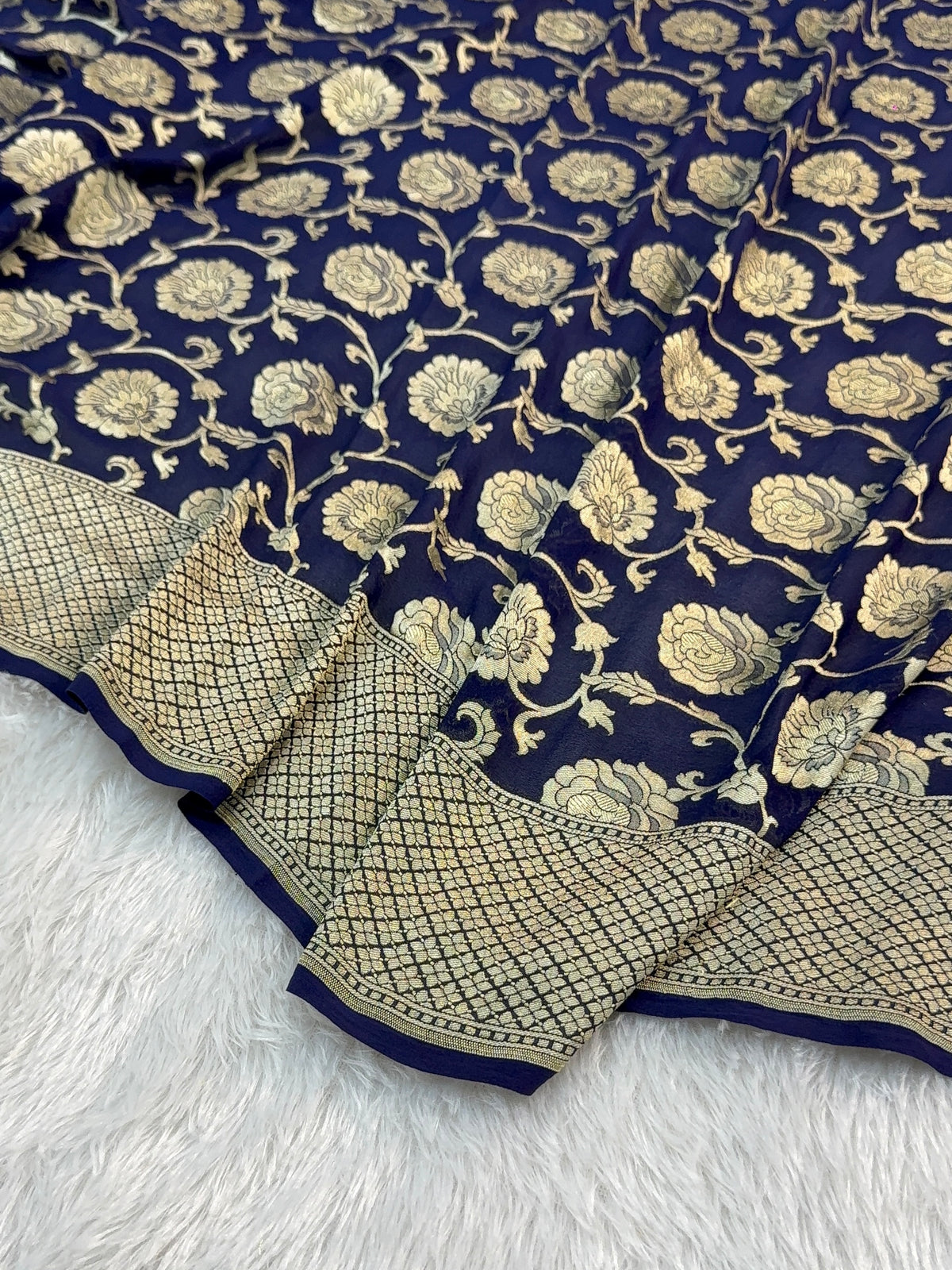 Banarasi Pure Khaddi Chiffon Saree with Light Gold Zari Work with Floral Jaal Design In Navy Blue Colour