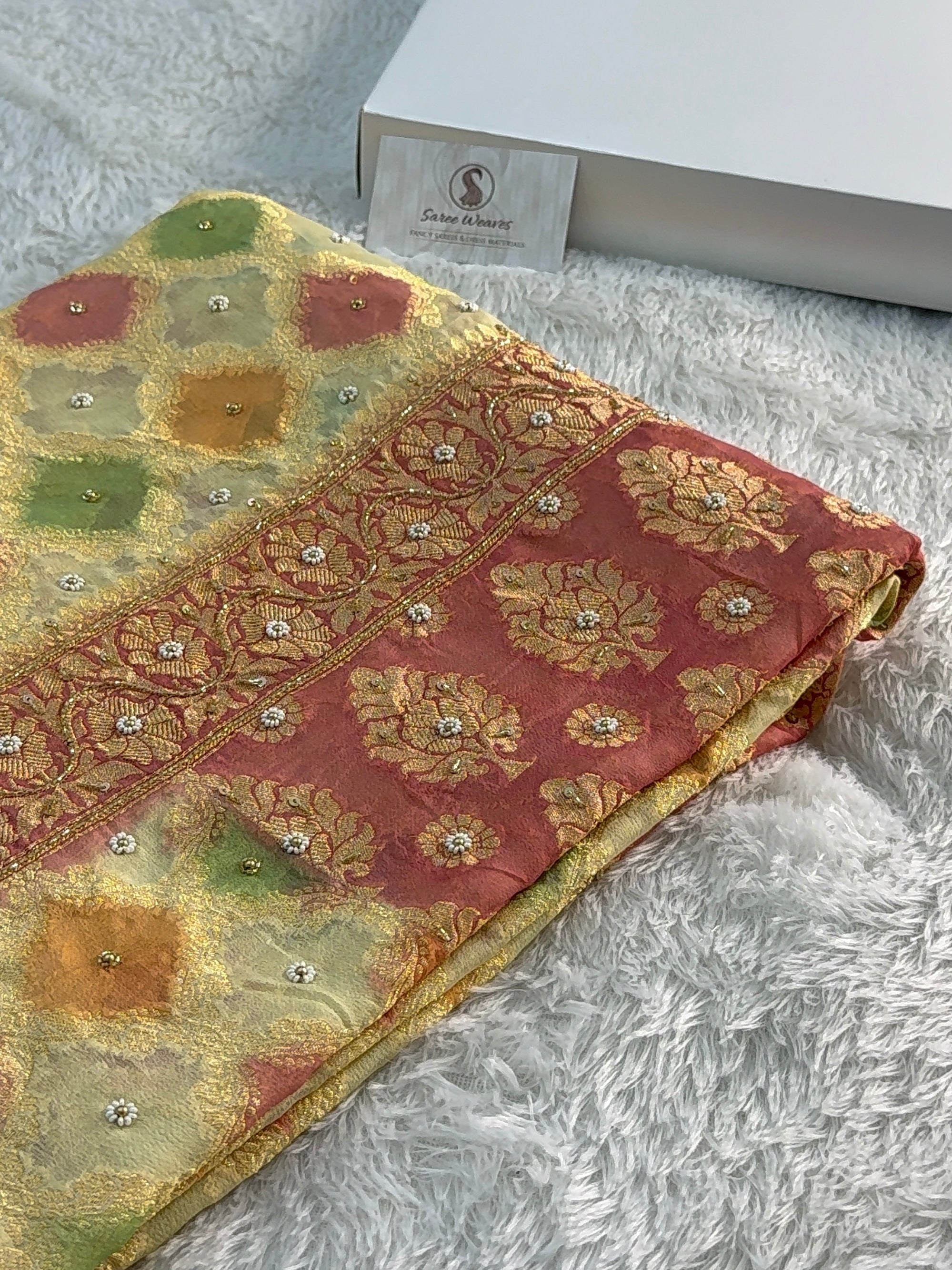 Banarasi Pure Khaddi Shiffon Rangkat Saree with Zardozi Handwork all over in Lavender Colour