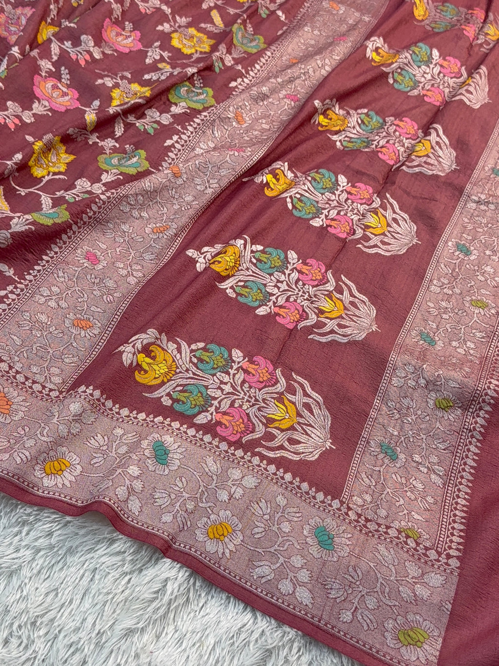 Pure Desi Tussar Silk Saree with Meenakari Floral Jaal Pattern in Wine Colour