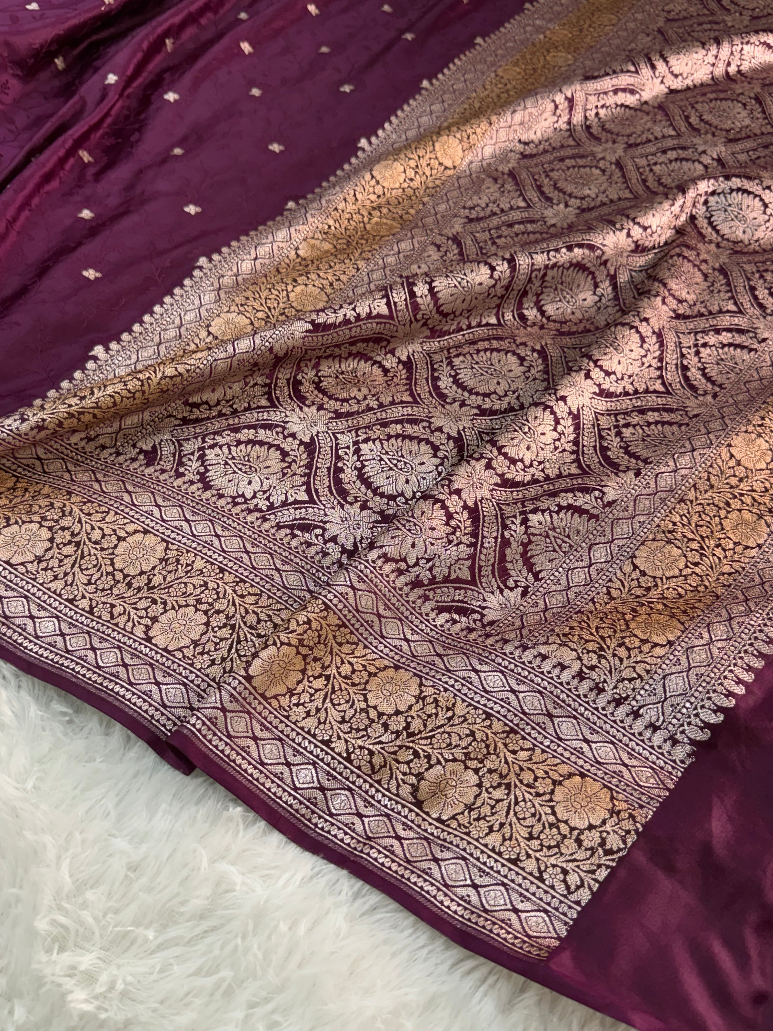 Banarasi Mashru Silk Saree with Tanchoi Jaal Weaving in Wine color