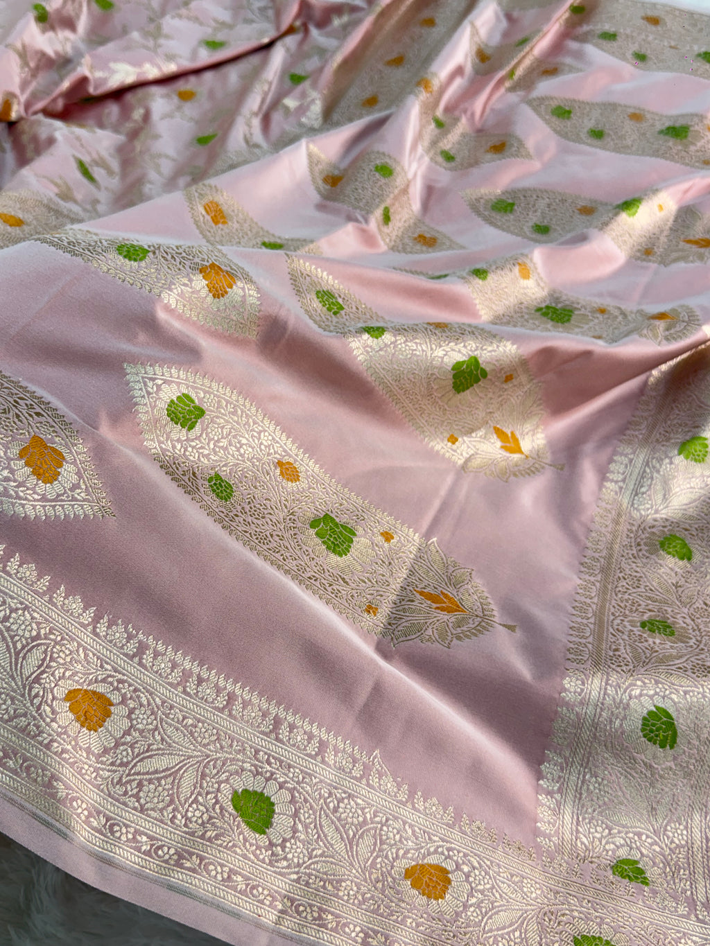 Banarasi Mashru Silk Saree Intricate Meenakari Jaal Design in Light Pink color