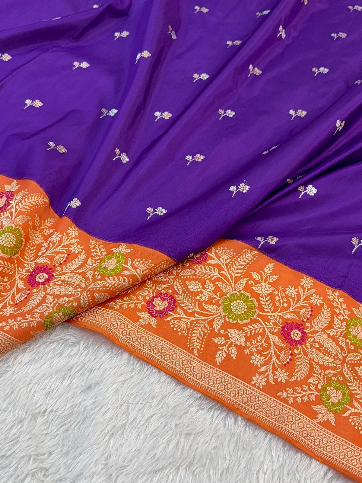 Handwoven pure Katan Silk Saree in Purple Colour in Motifs design With Saperatively Woven Contrast Border with Meenakari Jaal Design in Orange Colour