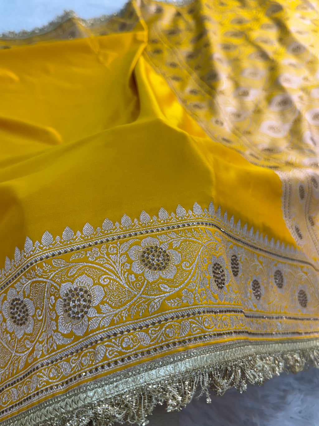 Bridal Banarasi Mashru Silk Saree with Stone Work In Border And Pallu, In Yellow Color
