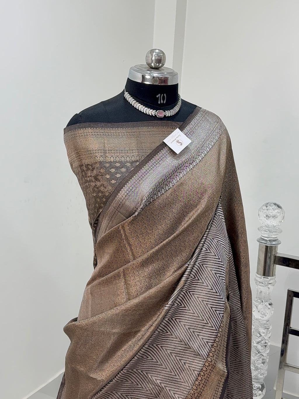 Pure Tissue Silk Saree with Brocade Weave in Silver and Gold Zari Work in Coffee Brown Colour