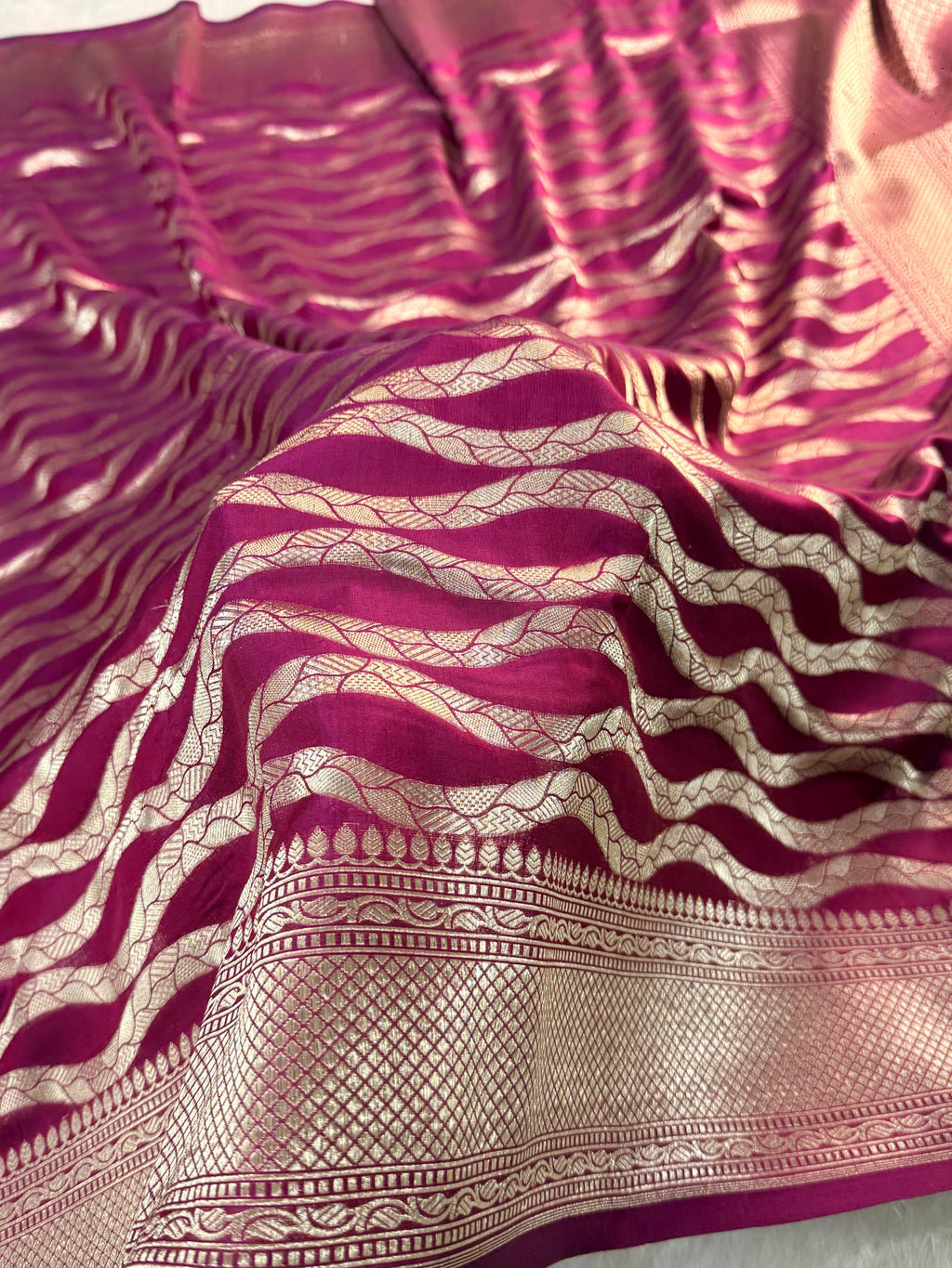 Banarasi pure katan silk saree in wine color with vertical stripes, Light gold Zari coated with pure silver