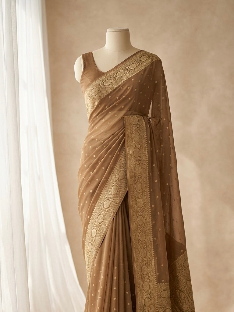 Banarasi Pure Khaddi Chiffon Saree in Border and Buti Design in Camel Brown Colour