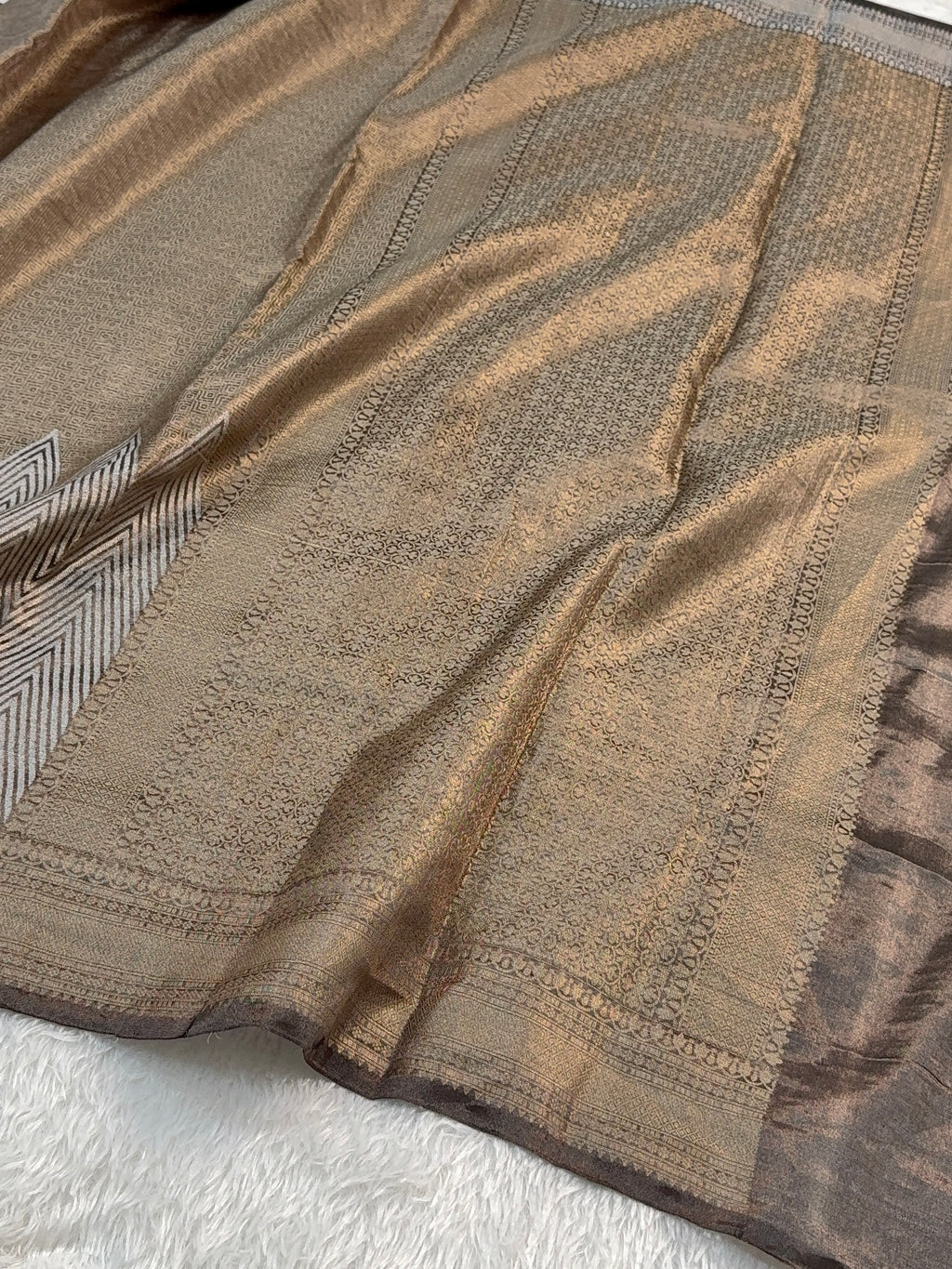 Pure Tissue Silk Saree with Brocade Weave in Silver and Gold Zari Work in Coffee Brown Colour