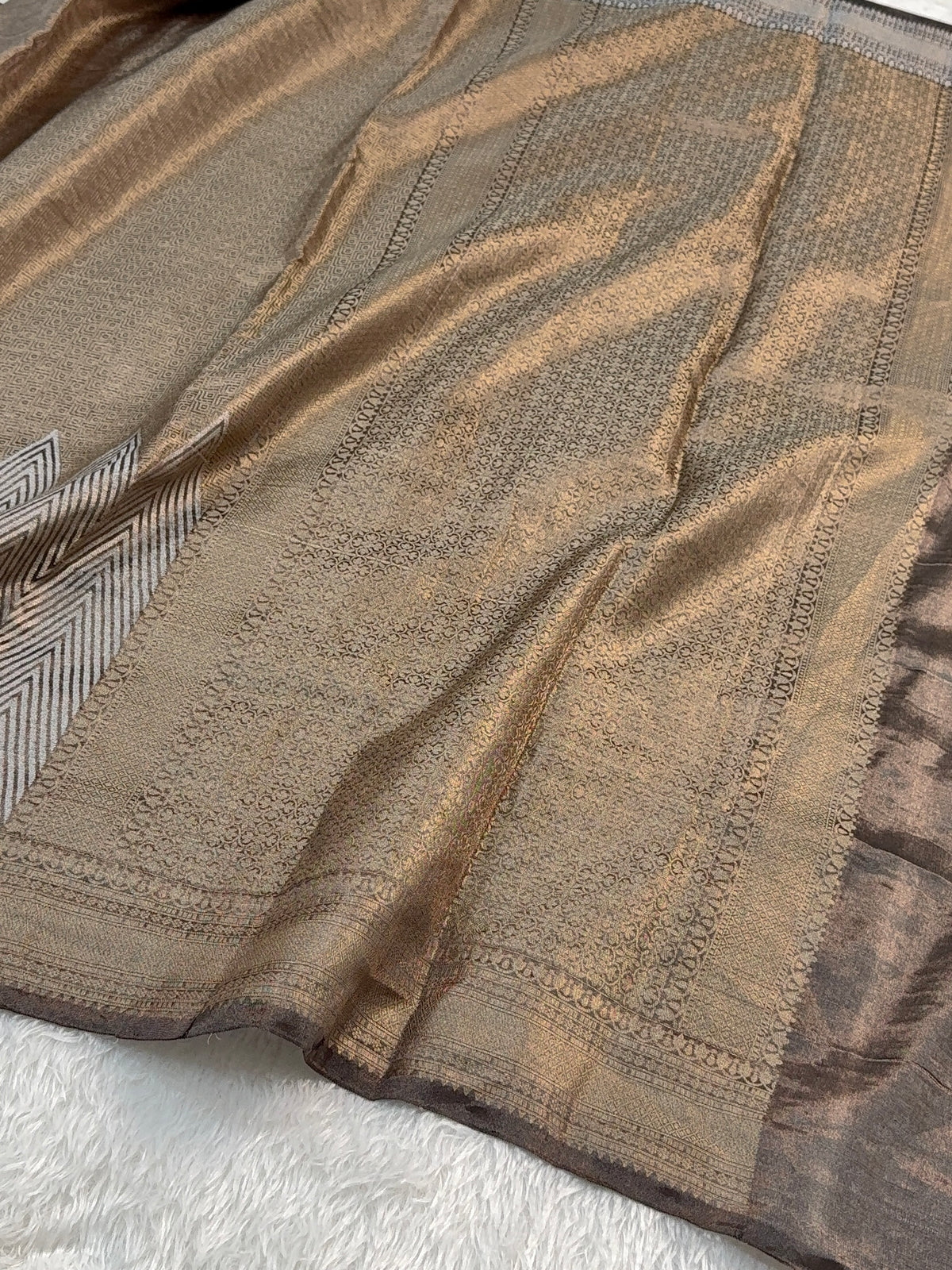Pure Tissue Silk Saree with Brocade Weave in Silver and Gold Zari Work in Coffee Brown Colour