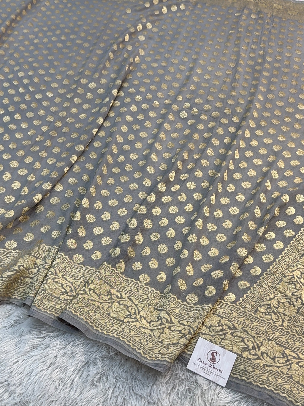 Banarasi Pure Khaddi Shifon Saree in Border And Buti Design in Grey Colour
