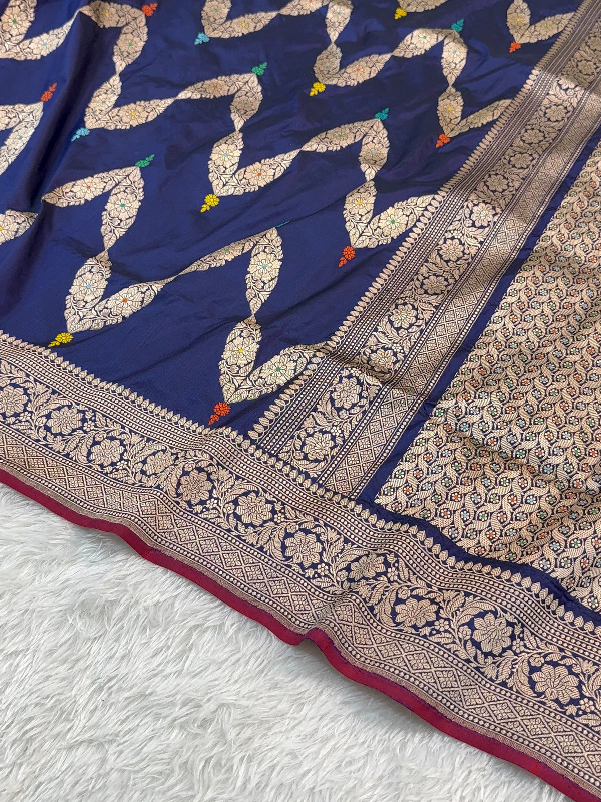 Handwoven Pure Katan Silk Saree in Jewellery Design pattern with meenakari in Light Gold Zari Work in Navy Blue Colour