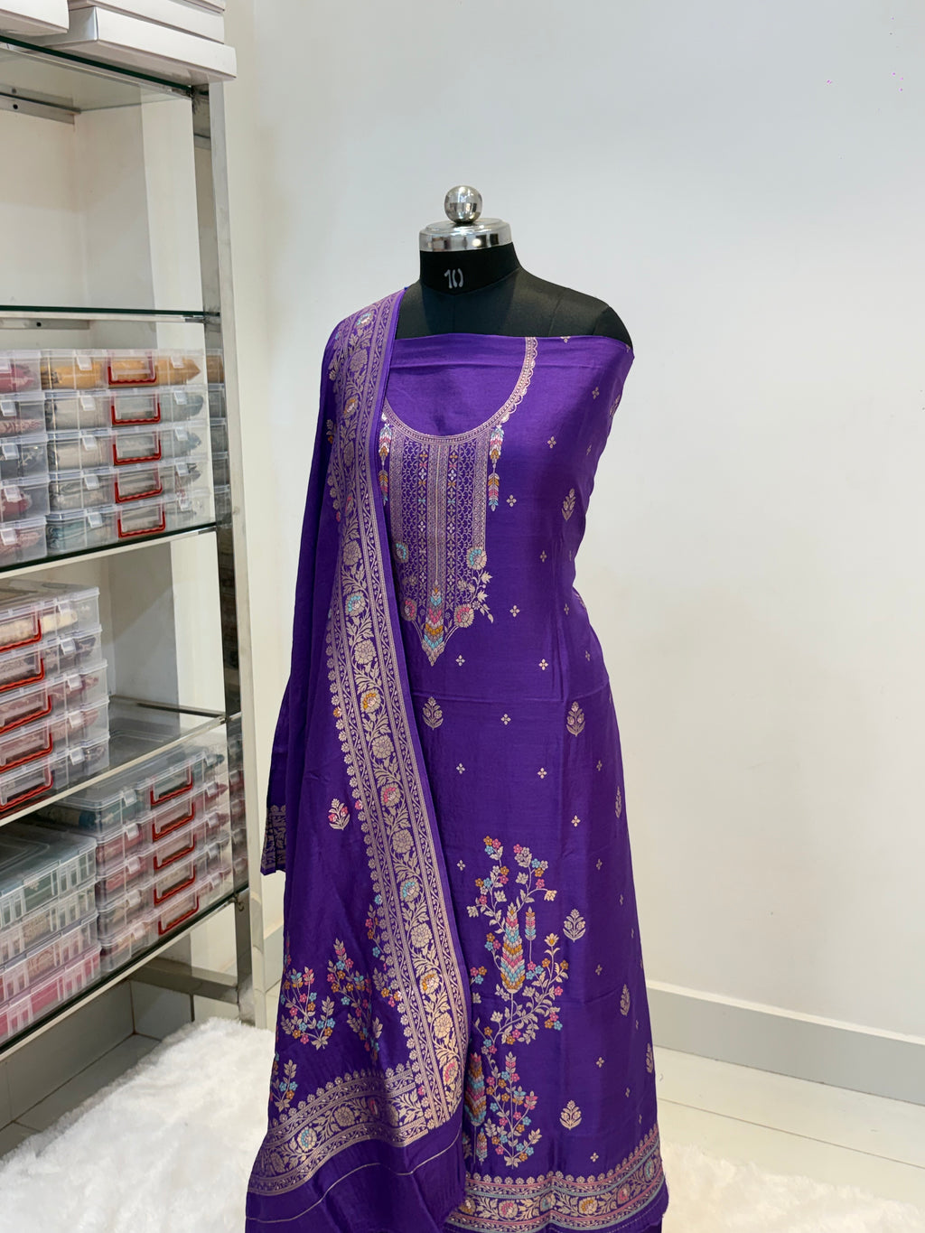 Pure Viscose Meenakari 3 piece Suit with Zari Work with Heavy Dupatta in Deep Violet color
