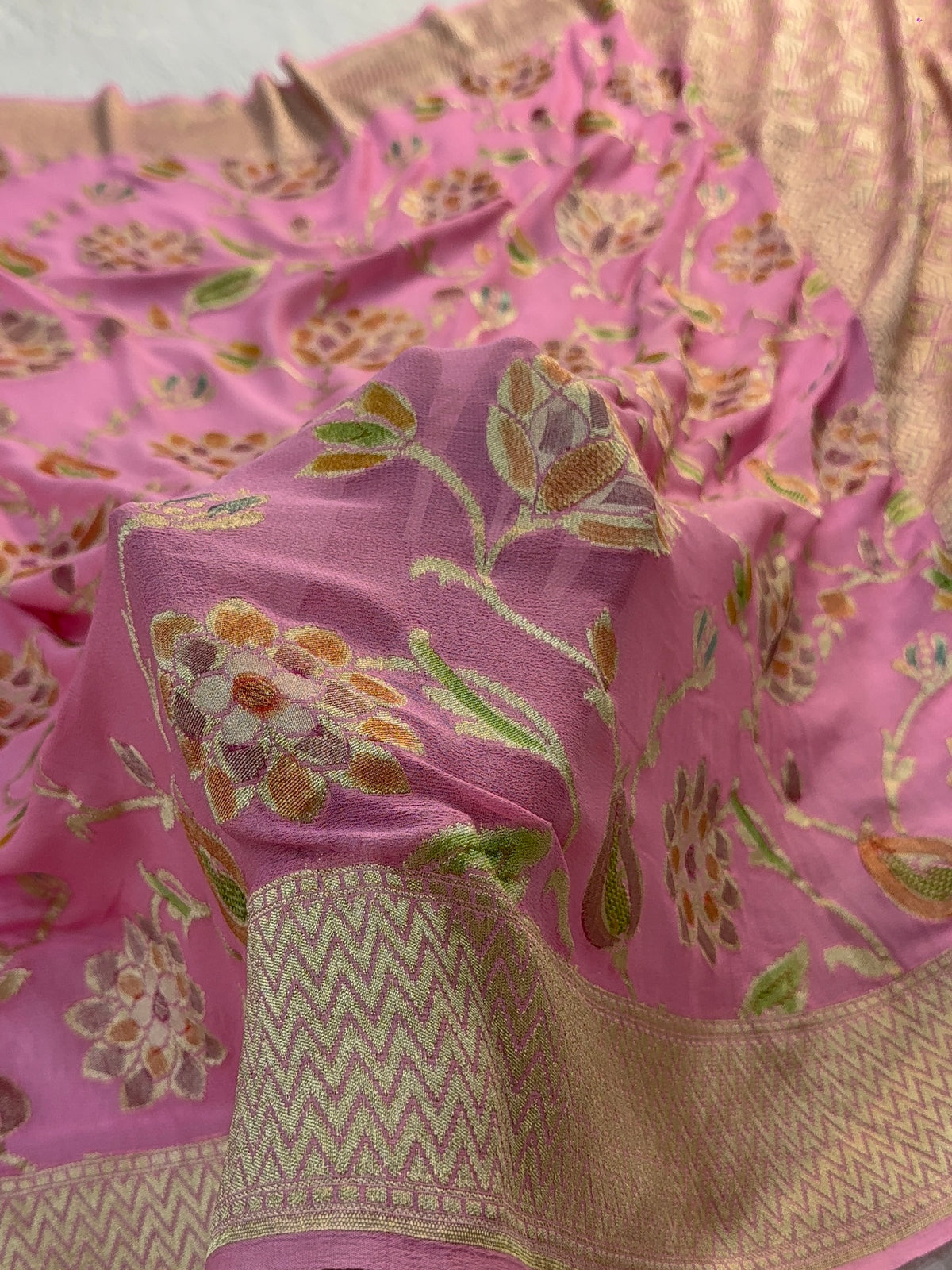 Banarasi Pure Khaddi Chiffon Saree  with Light Gold Zari Work In Floral Jaal Design with Meenakari by handbrush in Light Pink Colour