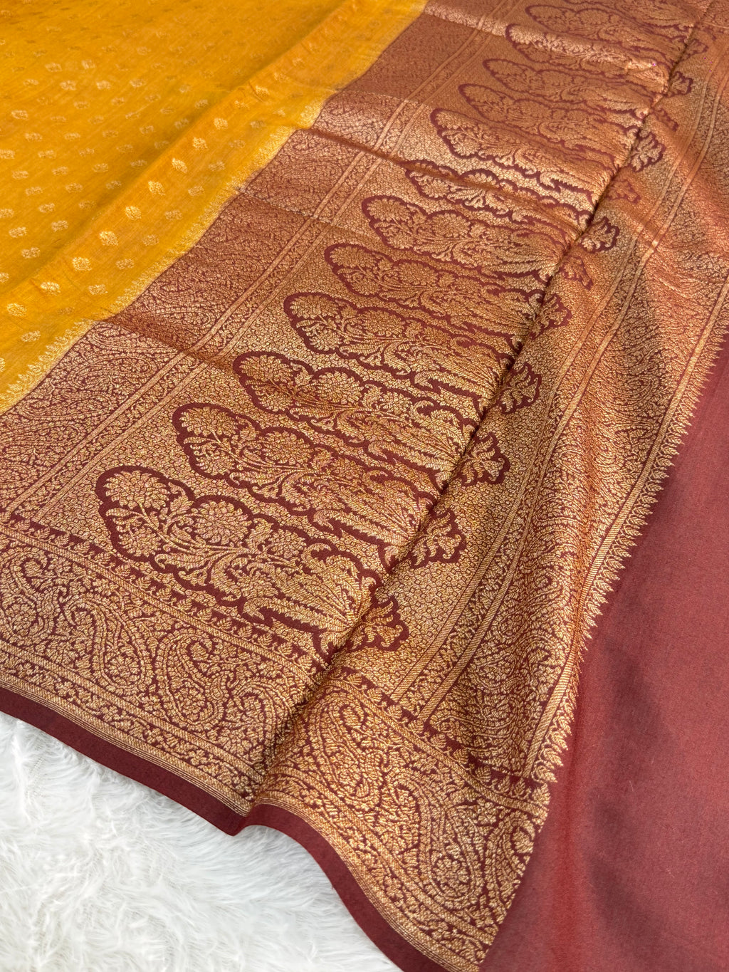 Banarasi Pure Monga Silk saree in contrast mustard and maroon color combination