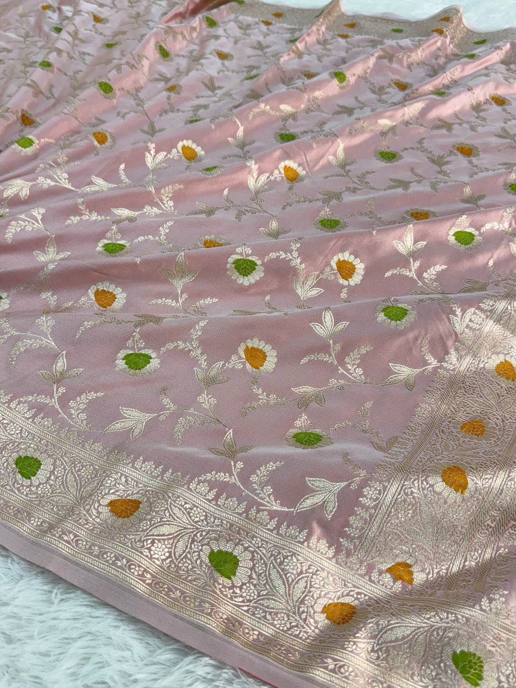 Banarasi Mashru Silk Saree Intricate Meenakari Jaal Design in Light Pink color