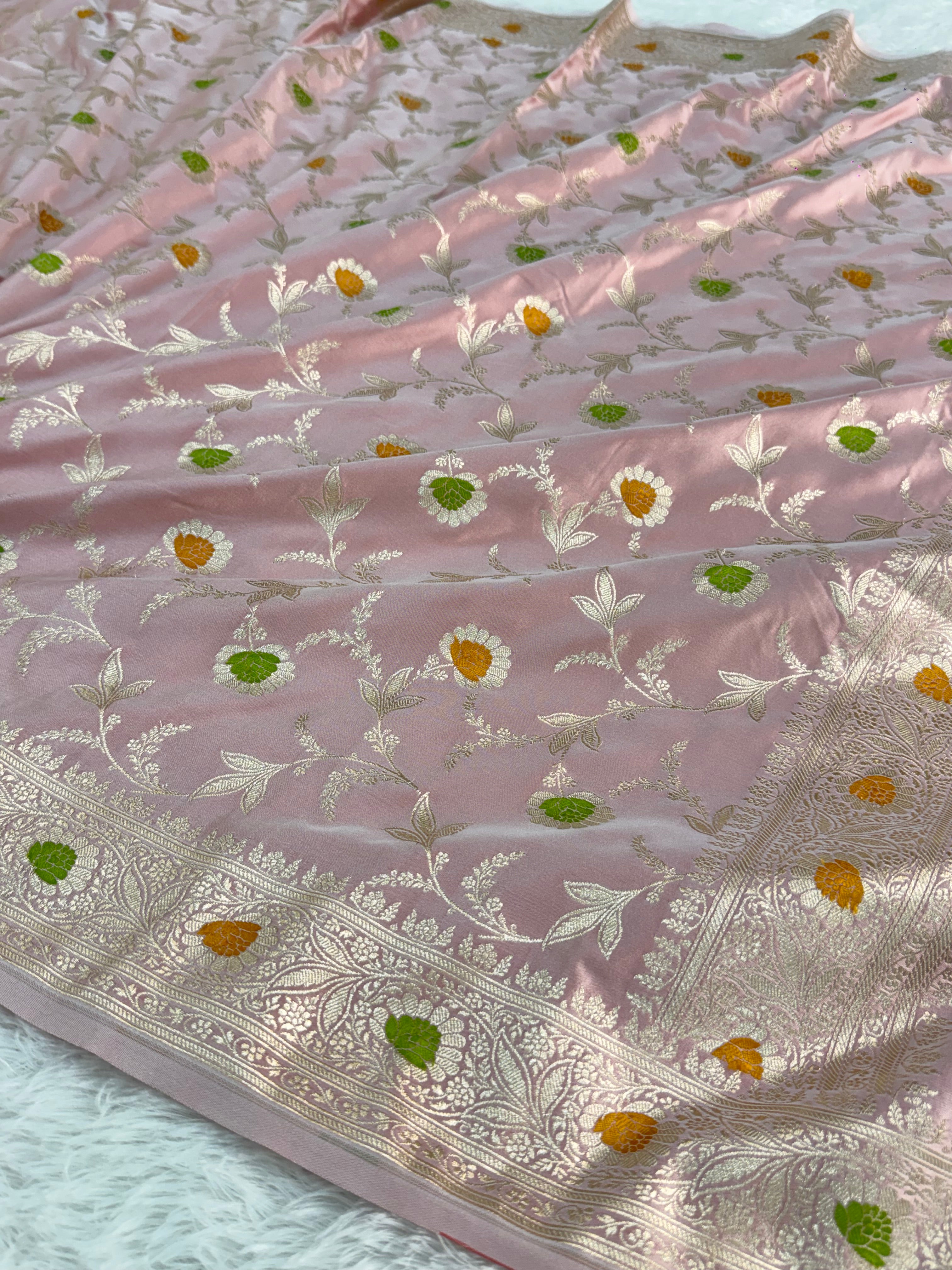 Banarasi Mashru Silk Saree Intricate Meenakari Jaal Design in Light Pink color