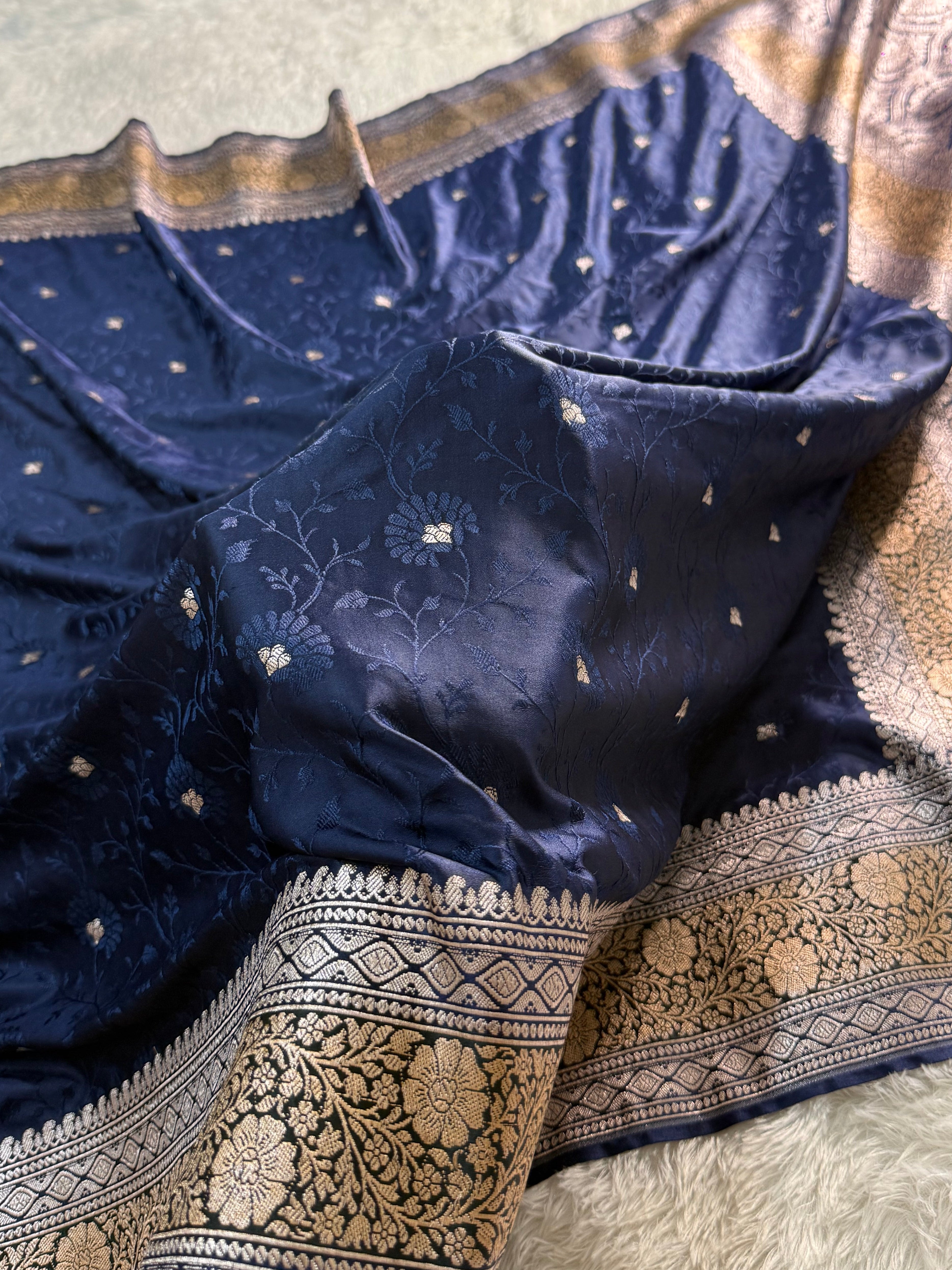 Banarasi Mashru Silk Saree with Tanchoi Jaal Weaving in Navy Colour with Hand brush paint in Border