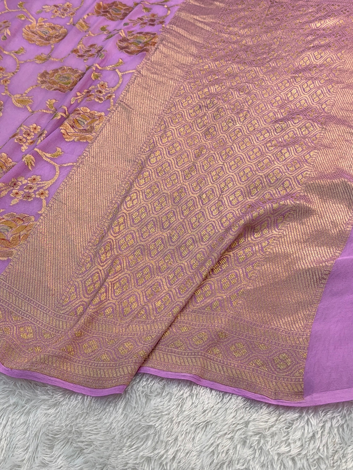 Banarasi Pure Khaddi Chiffon Saree  with Light Gold Zari Work In Floral Jaal Design with Meenakari by handbrush in Rusty Lavender Colour