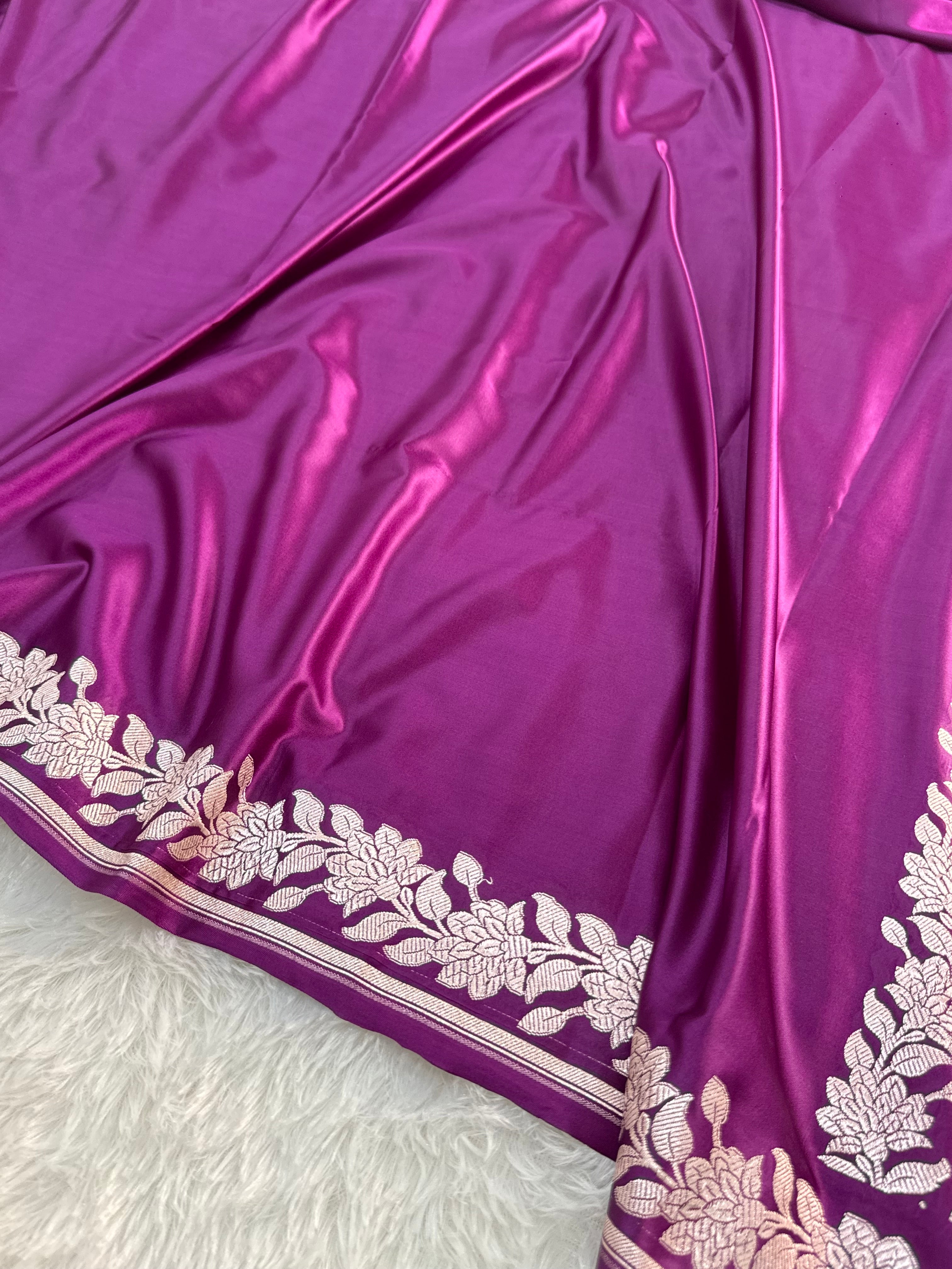 Banarasi Mashru Silk Saree with plain body and floral border Design in Majenta colour