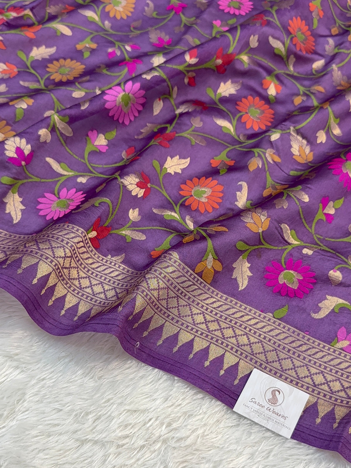Pure Katan Silk Saree with Gold Zari And Meenakari Jaal Design in Violet Colour