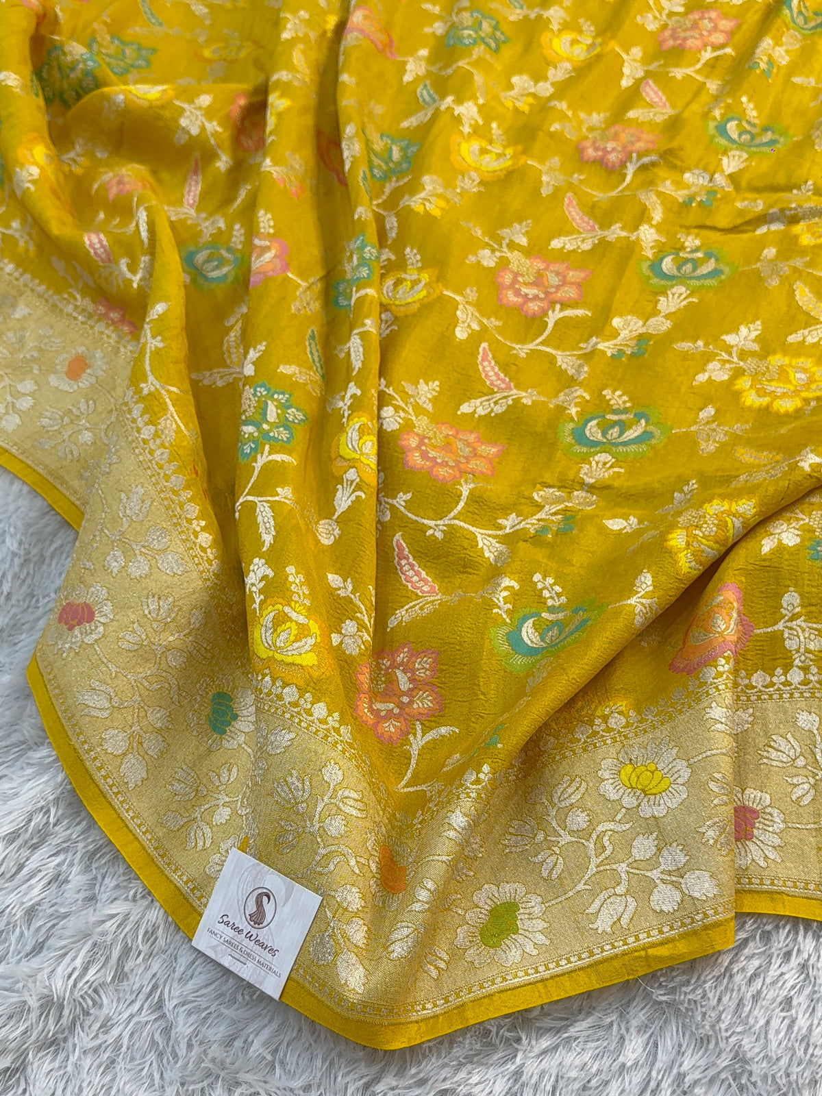 Pure Desi Tussar Silk Saree with Meenakari Floral Jaal Pattern in Yellow Color