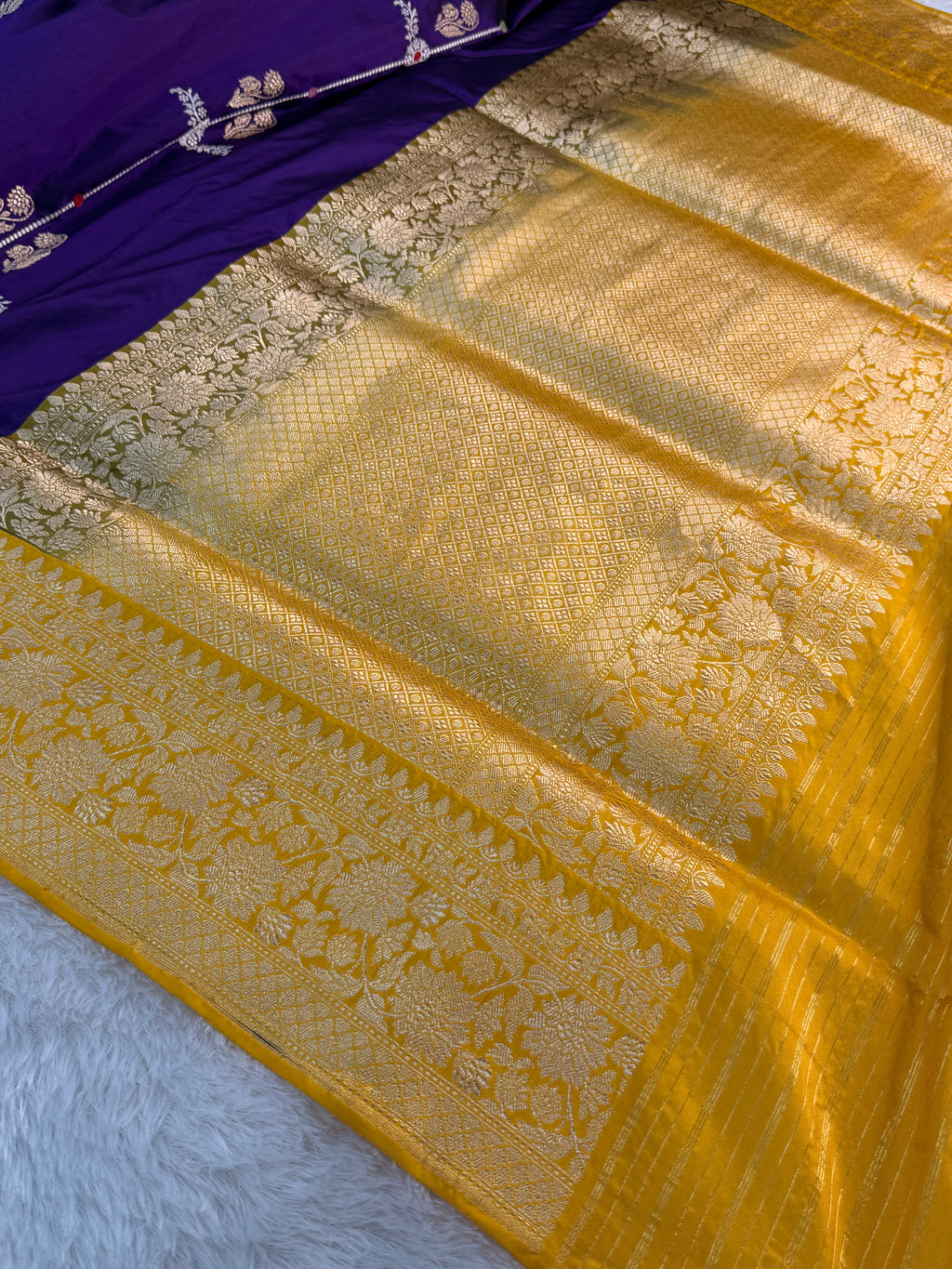 Banarasi pure katan silk saree in Magenta color with Yellow border in vertical Buta stripes, Light gold Zari coated with pure silver