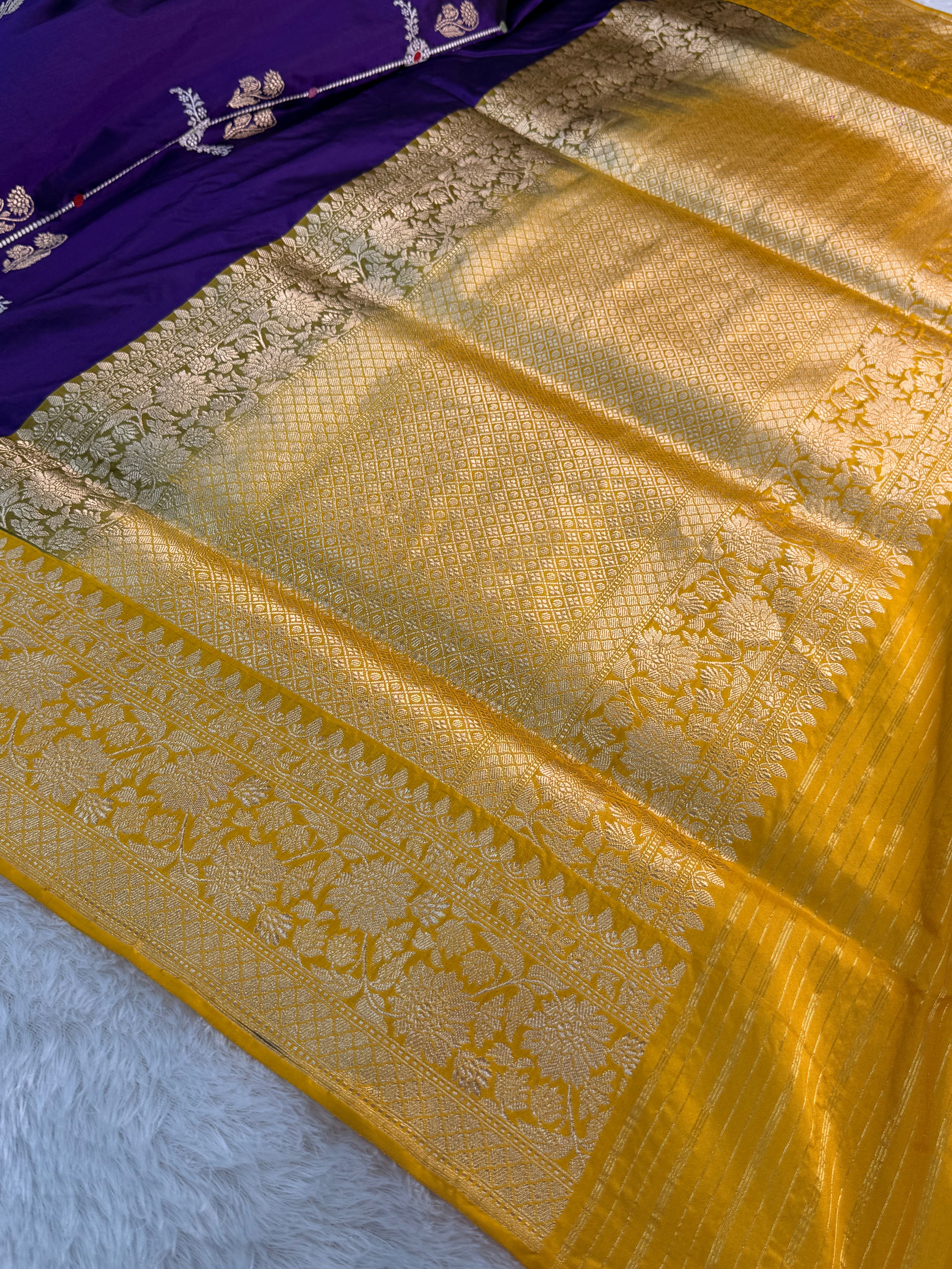 Banarasi pure katan silk saree in Magenta color with Yellow border in vertical Buta stripes, Light gold Zari coated with pure silver